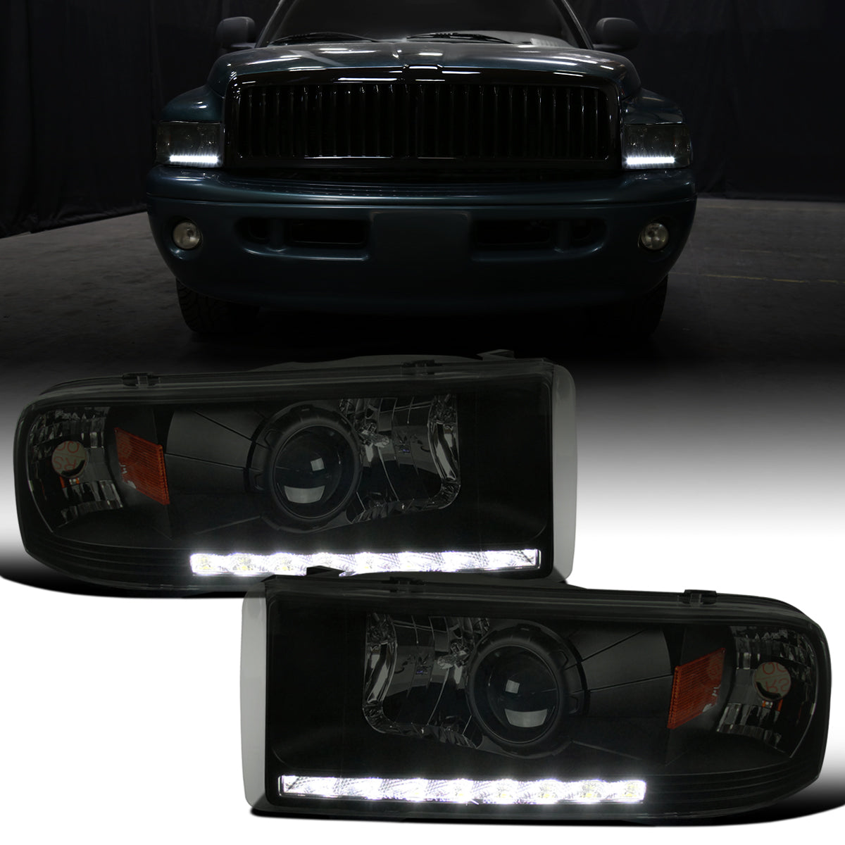 Ronnin - Fits 1994-2002 Ram 1500 2500 3500 Projector Headlights LED Running Lights Assembly Pair | Black Smoke
