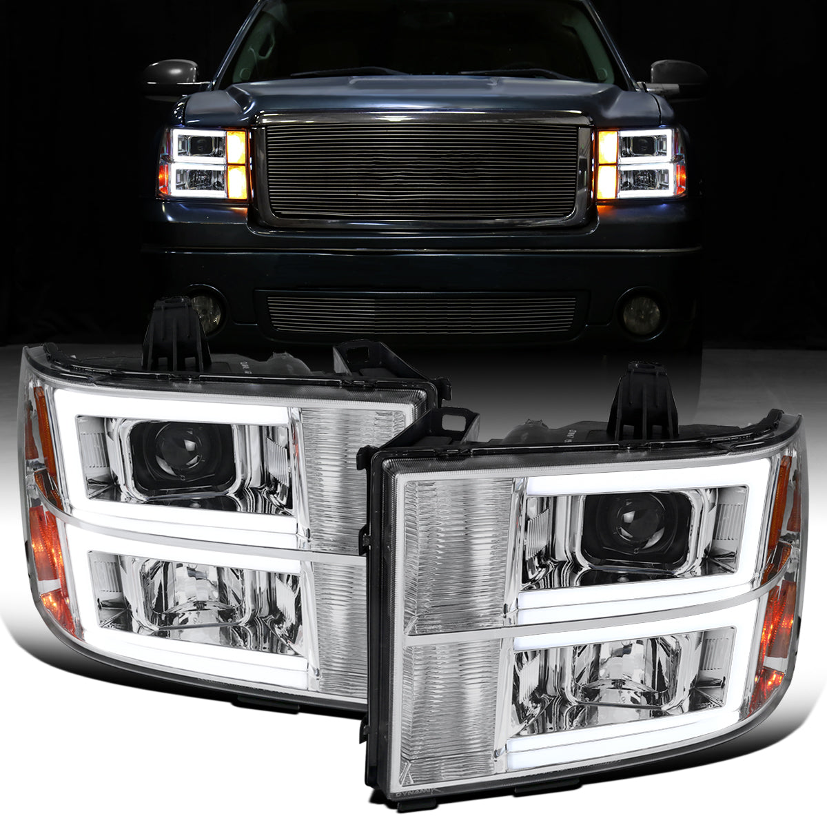 Ronnin - Fits 2007-2014 GMC Sierra 1500 1500HD 2500HD 3500HD Denali Upgraded Replacement LED Tube Projector Headlights Assembly Pair | Chrome