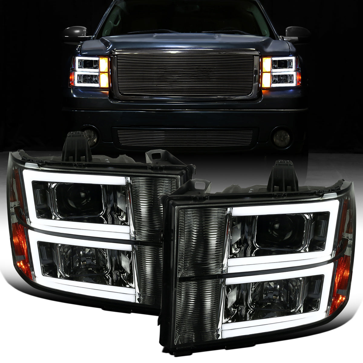 Ronnin - Fits 2007-2014 GMC Sierra 1500 1500HD 2500HD 3500HD Denali Upgraded Replacement LED Tube Projector Headlights Assembly Pair | Smoke