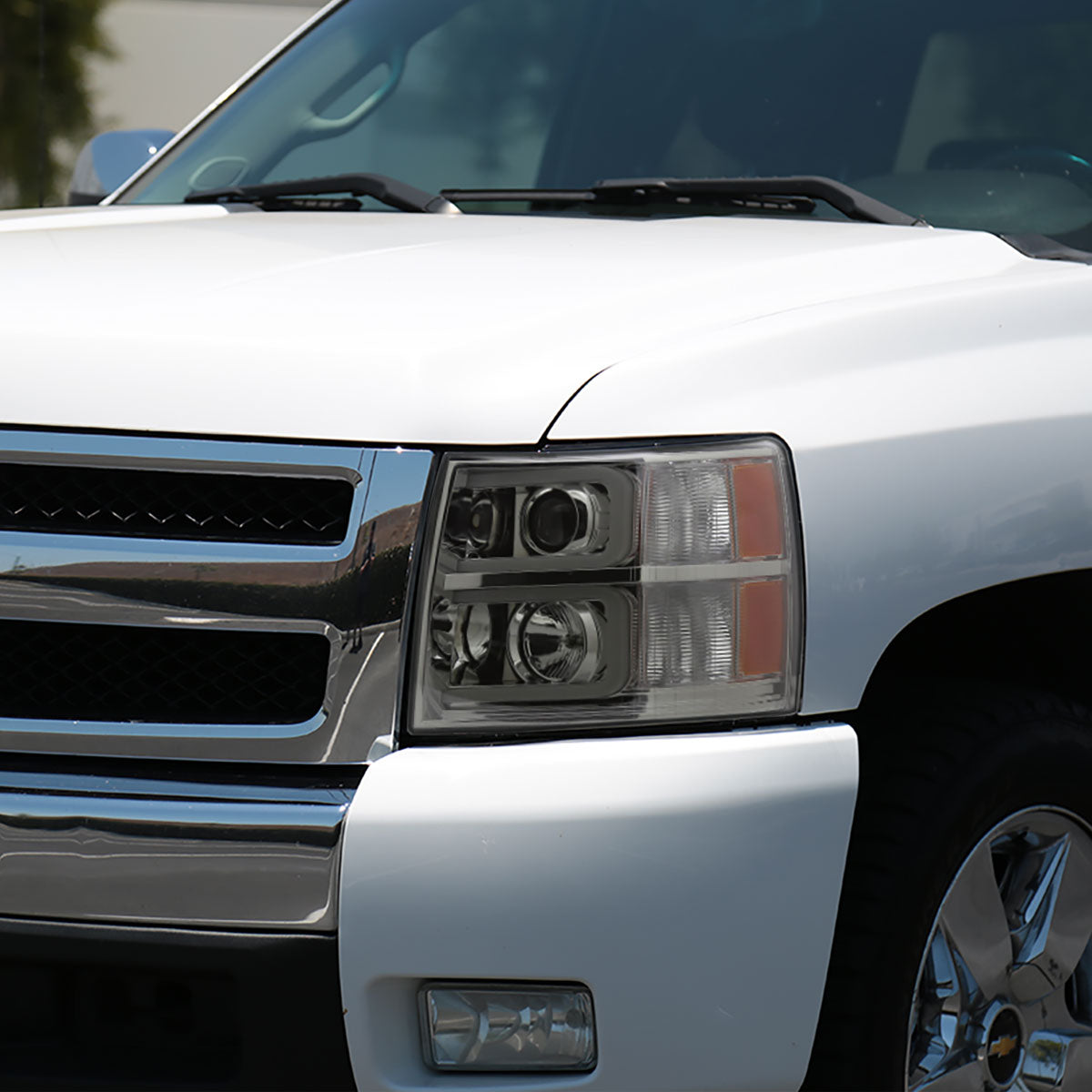 Ronnin - Fits 2007-2013 Chevy Silverado 1500 2007-2014 2500HD 3500HD Pickup Truck Upgraded Replacement LED Tube Projector Headlights Assembly Pair | Smoke
