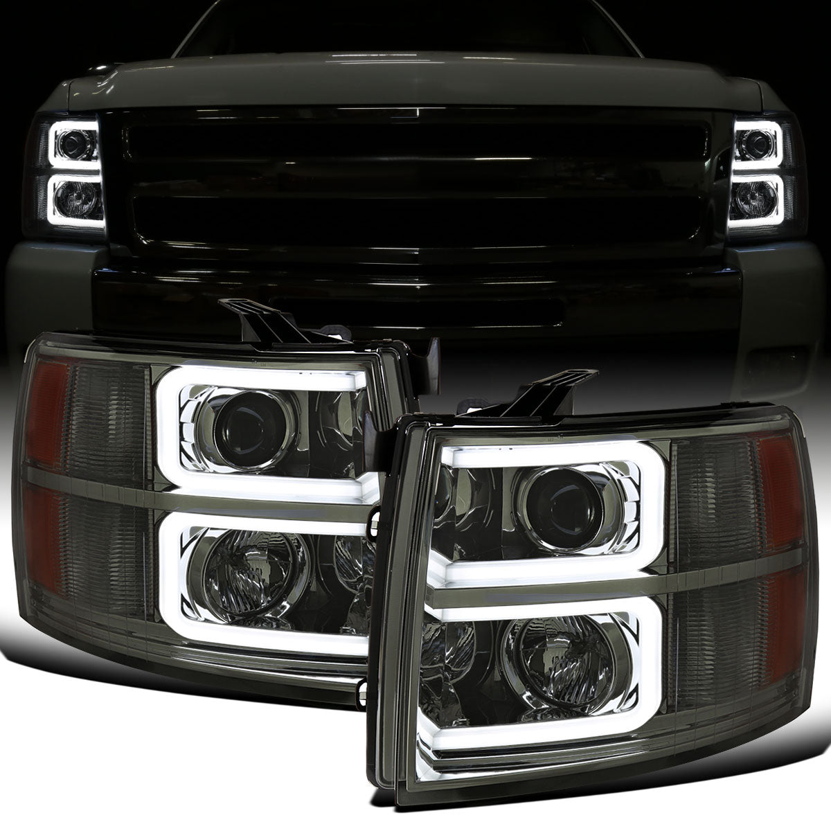 Ronnin - Fits 2007-2013 Chevy Silverado 1500 2007-2014 2500HD 3500HD Pickup Truck Upgraded Replacement LED Tube Projector Headlights Assembly Pair | Smoke