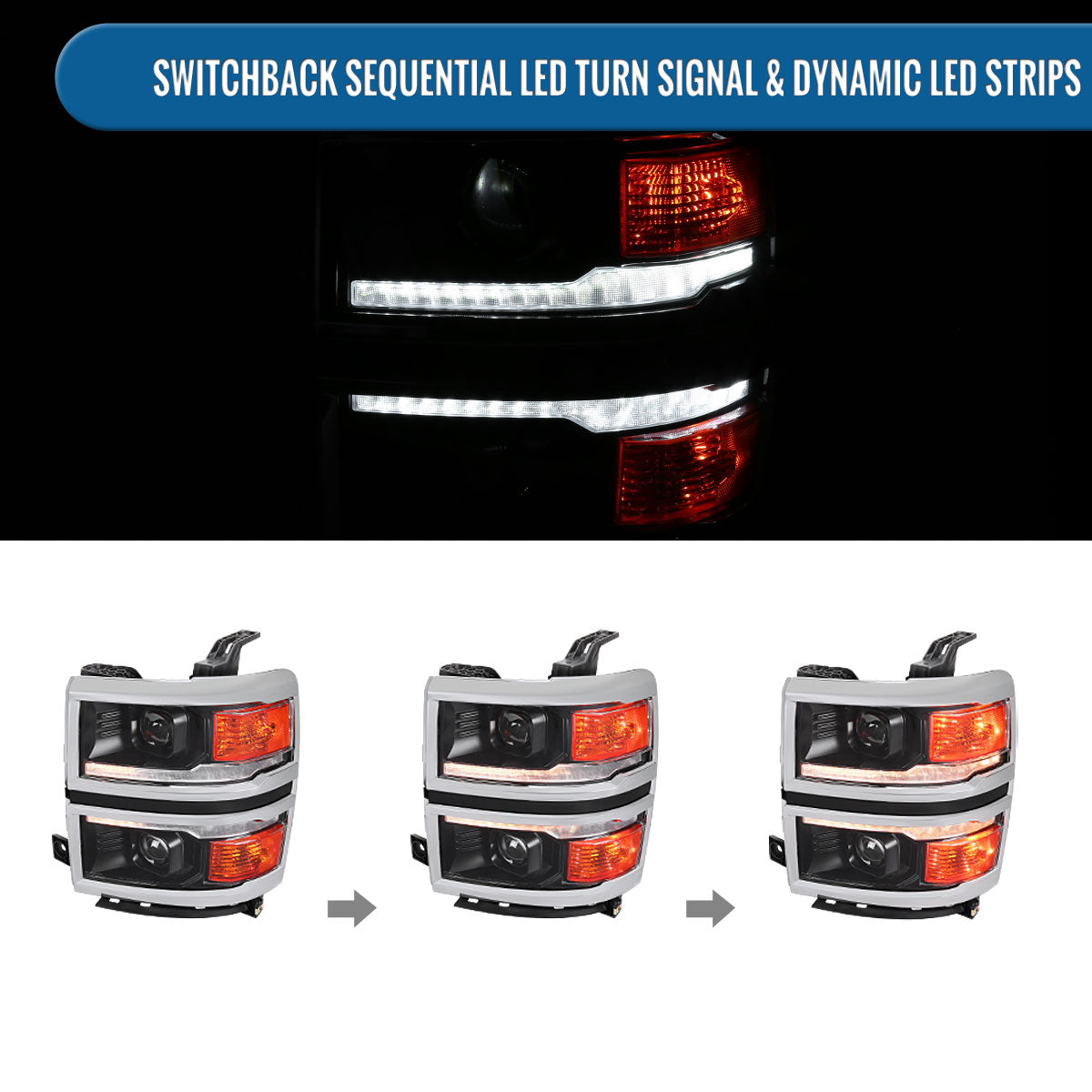 Ronnin - Fits 2014-2015 Chevy Silverado 1500 Upgraded Dual Projector Headlights LED Switchback Sequential Turn Signals + Animated Startup Effect Assembly Pair | Black | Chrome Trim