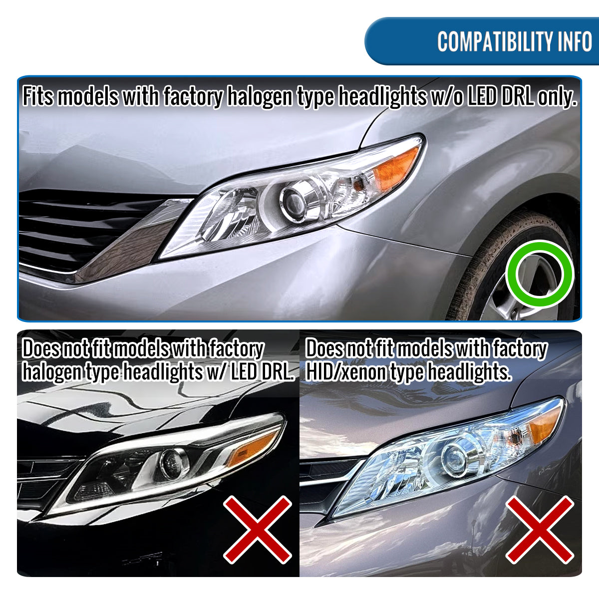 Ronnin - Fits 2011-2020 Toyota Sienna LED Switchback Sequential Turn Signals + Animated Startup Halogen Projector Headlights Assembly Pair | Black