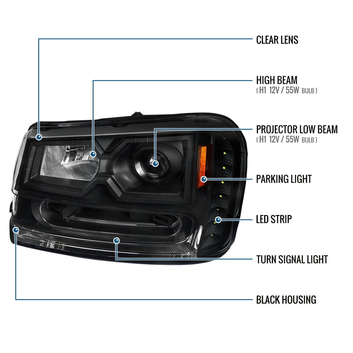 Ronnin - Fits 2002-2009 Chevy Trailblazer Upgraded Replacement LED Running Lights Halogen Projector Headlights Assembly Pair | Black