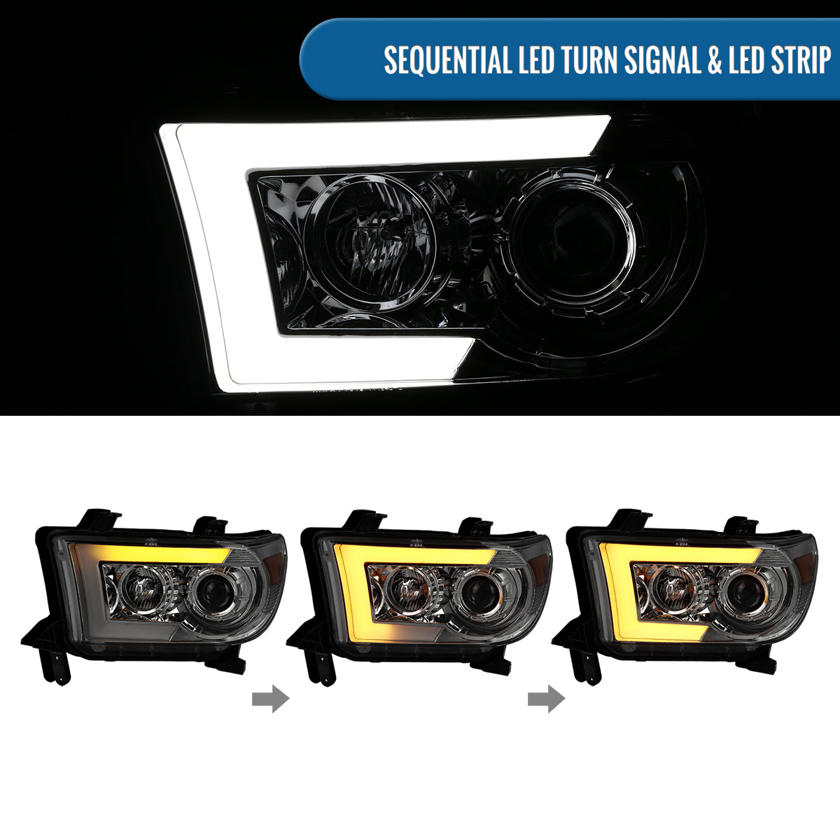 Ronnin - Fits 2007-2017 Toyota Tundra Sequoia Projector Headlights LED Switchback Sequential Turn Signals Replacement Assembly Pair | Smoke