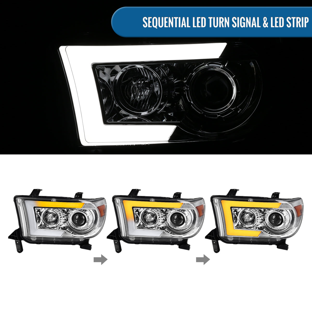 Ronnin - Fits 2007-2017 Toyota Tundra Sequoia Projector Headlights LED Switchback Sequential Turn Signals Replacement Assembly Pair | Chrome