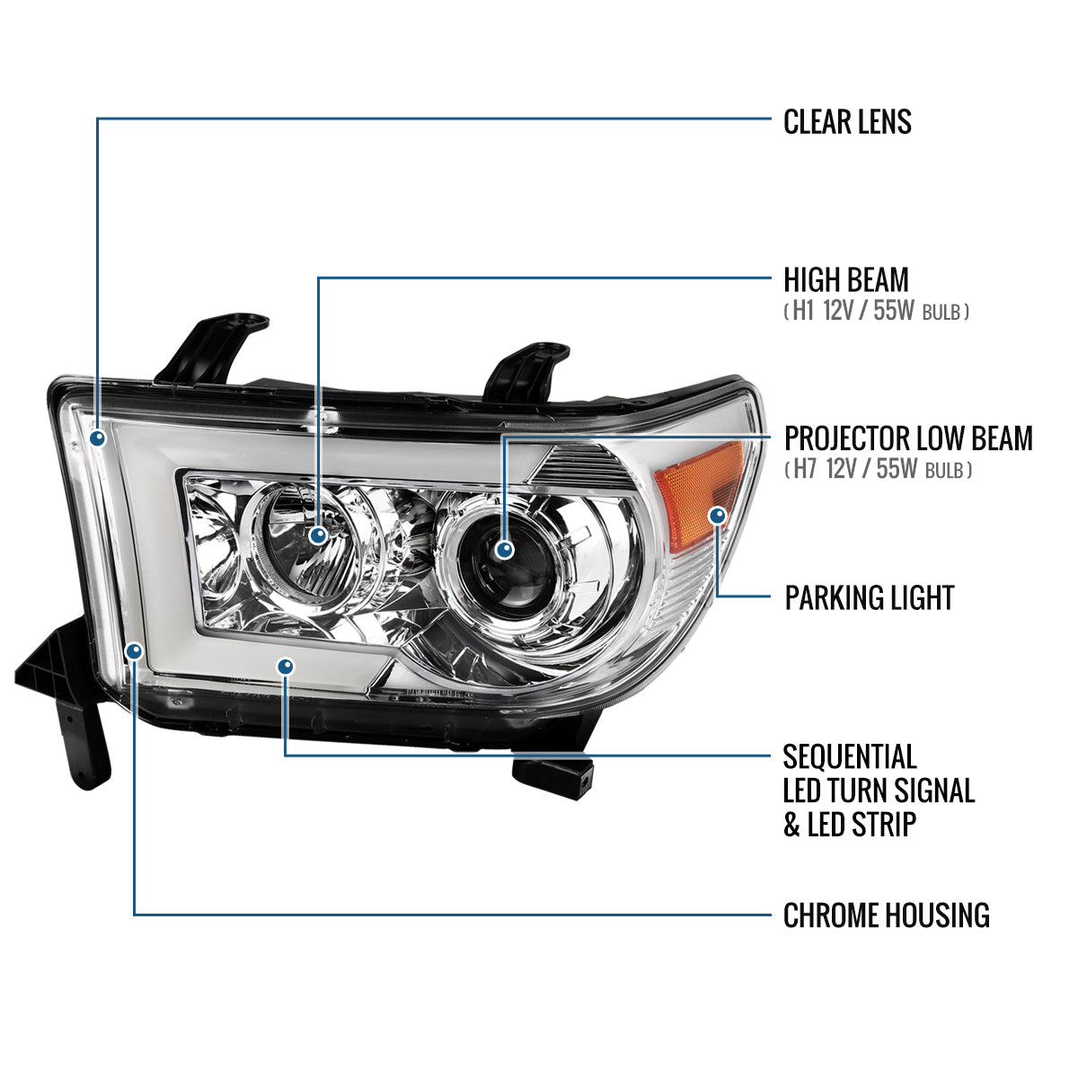 Ronnin - Fits 2007-2017 Toyota Tundra Sequoia Projector Headlights LED Switchback Sequential Turn Signals Replacement Assembly Pair | Chrome