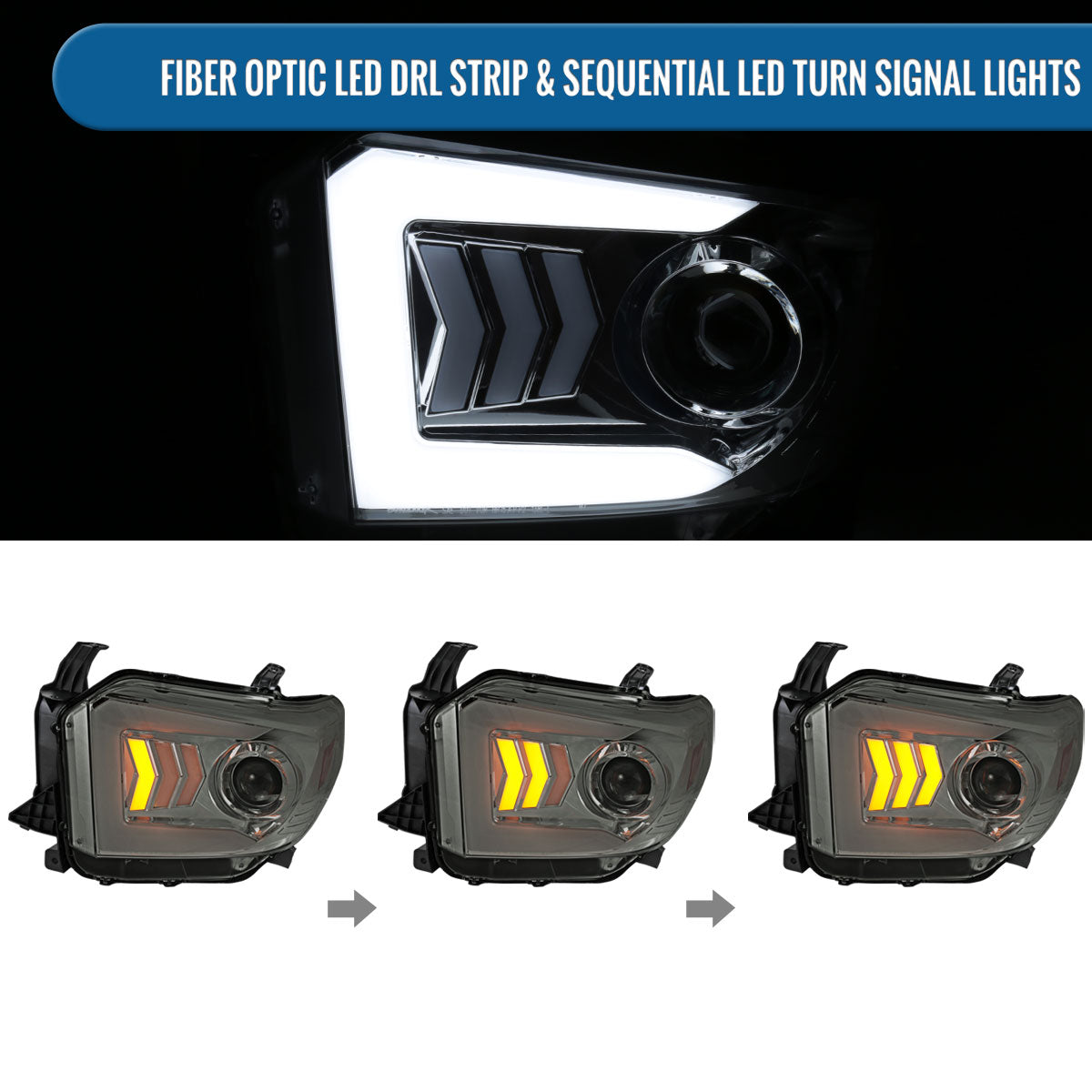 Ronnin - Fits 2014-2021 Toyota Tundra Upgraded Factory Replacement LED Tube Running Lights Sequential Turn Signals Halogen Projector Headlights Assembly Pair | Smoke