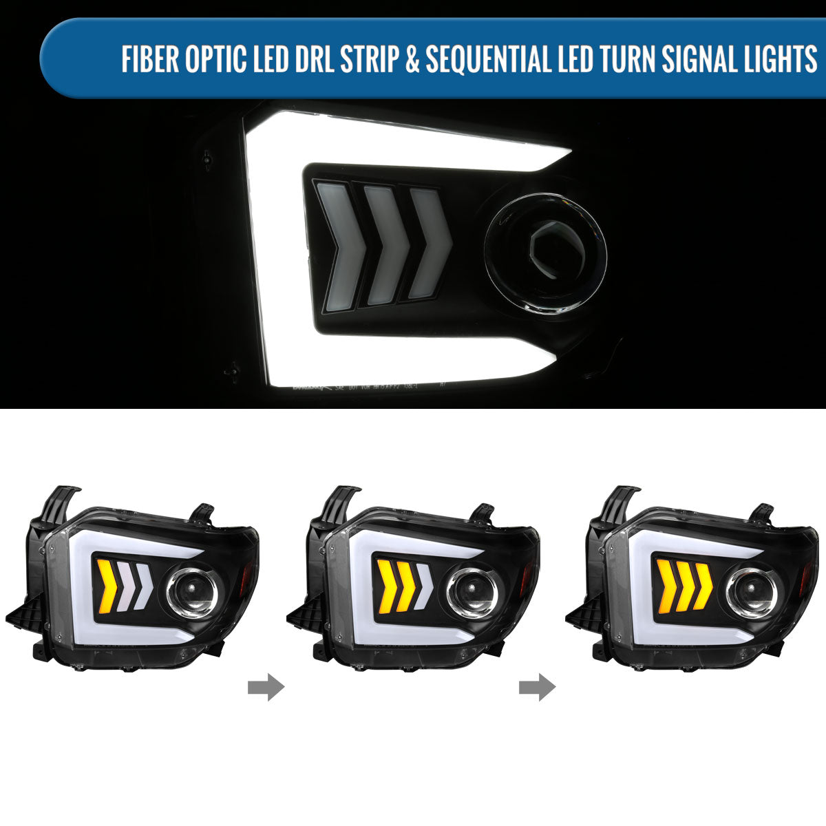 Ronnin - Fits 2014-2021 Toyota Tundra Upgraded Factory Replacement LED Tube Running Lights Sequential Turn Signals Halogen Projector Headlights Assembly Pair | Black