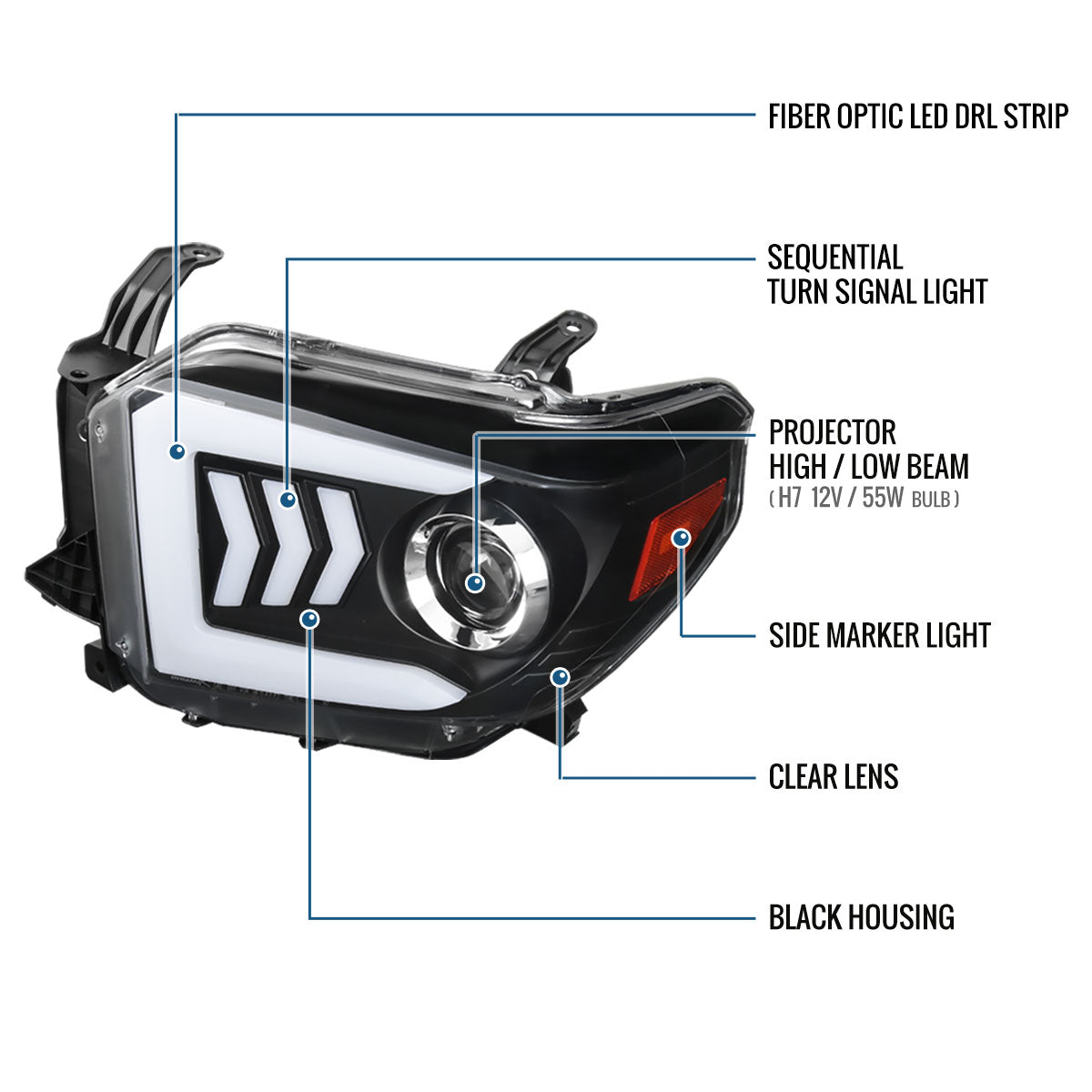 Ronnin - Fits 2014-2021 Toyota Tundra Upgraded Factory Replacement LED Tube Running Lights Sequential Turn Signals Halogen Projector Headlights Assembly Pair | Black
