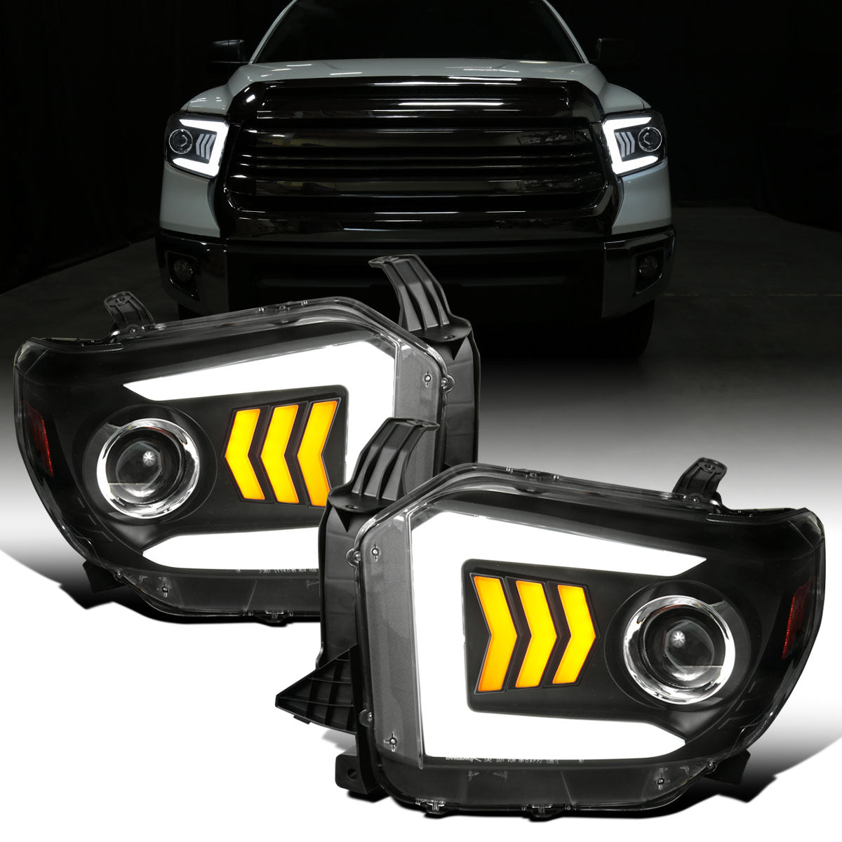 Ronnin - Fits 2014-2021 Toyota Tundra Upgraded Factory Replacement LED Tube Running Lights Sequential Turn Signals Halogen Projector Headlights Assembly Pair | Black