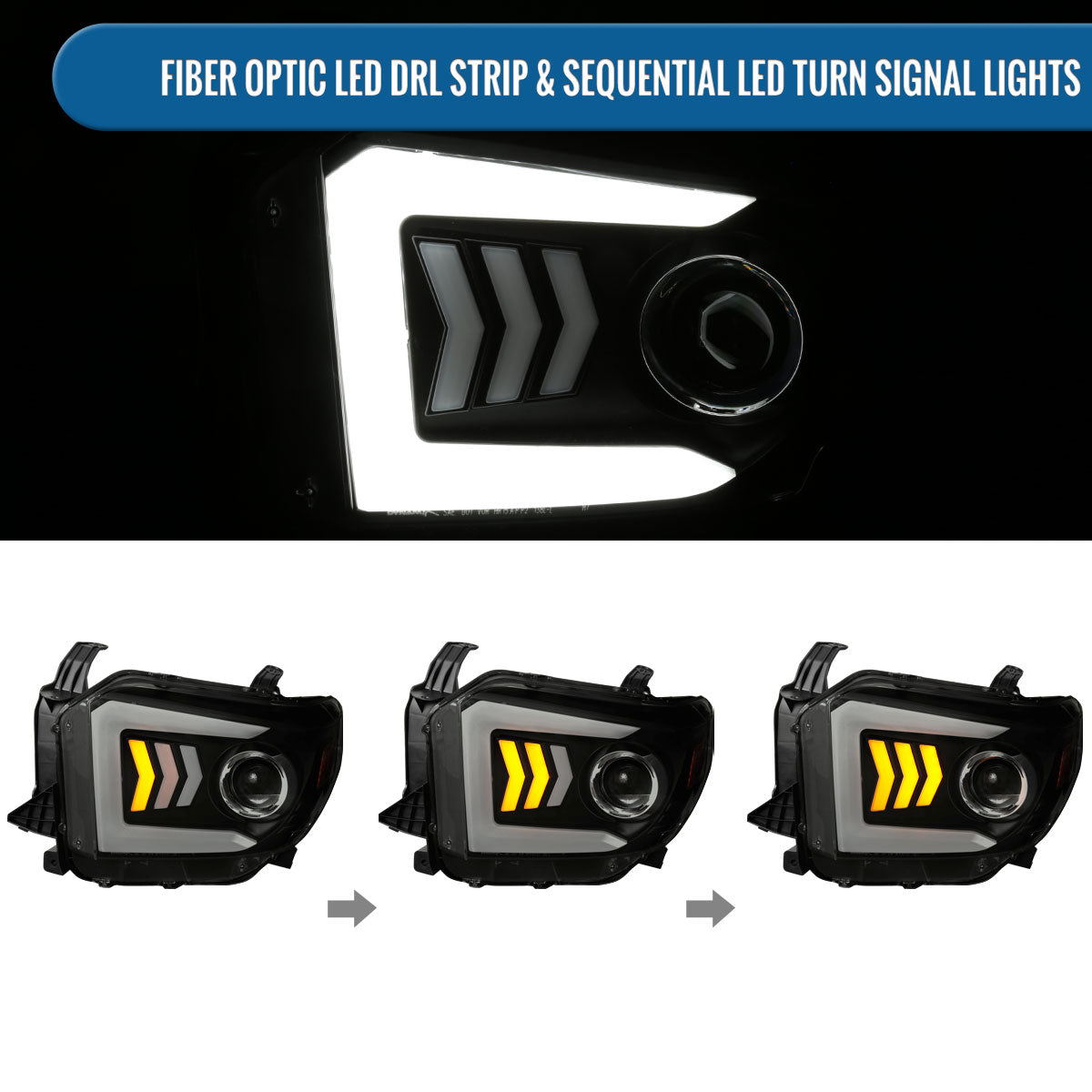 Ronnin - Fits 2014-2021 Toyota Tundra Upgraded Factory Replacement LED Tube Running Lights Sequential Turn Signals Halogen Projector Headlights Assembly Pair | Black Smoke