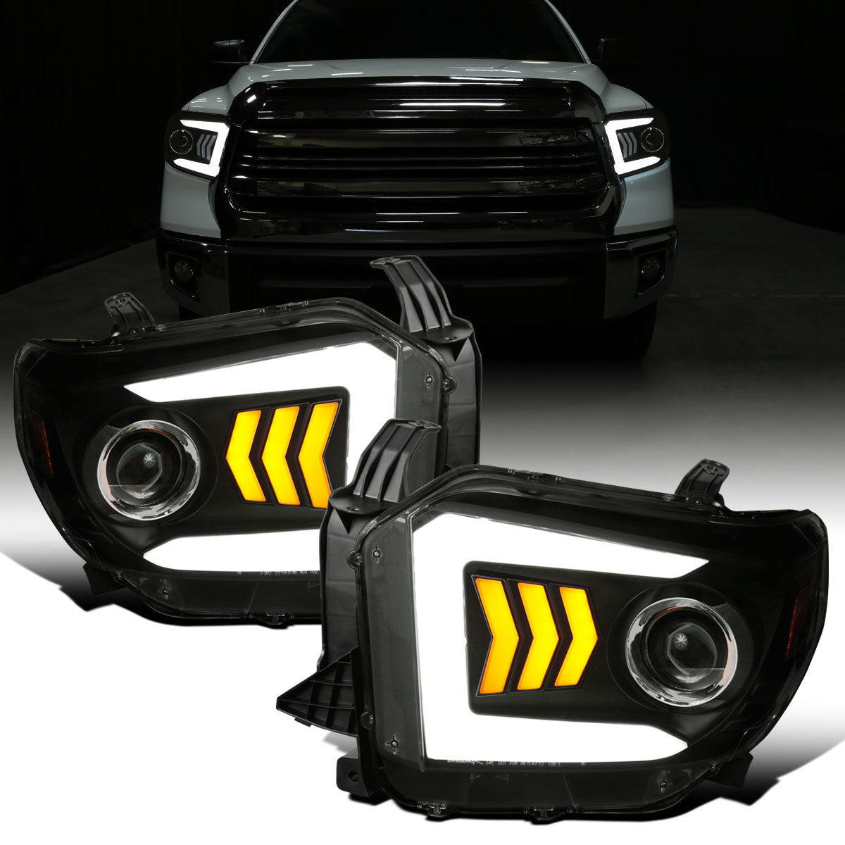 Ronnin - Fits 2014-2021 Toyota Tundra Upgraded Factory Replacement LED Tube Running Lights Sequential Turn Signals Halogen Projector Headlights Assembly Pair | Black Smoke