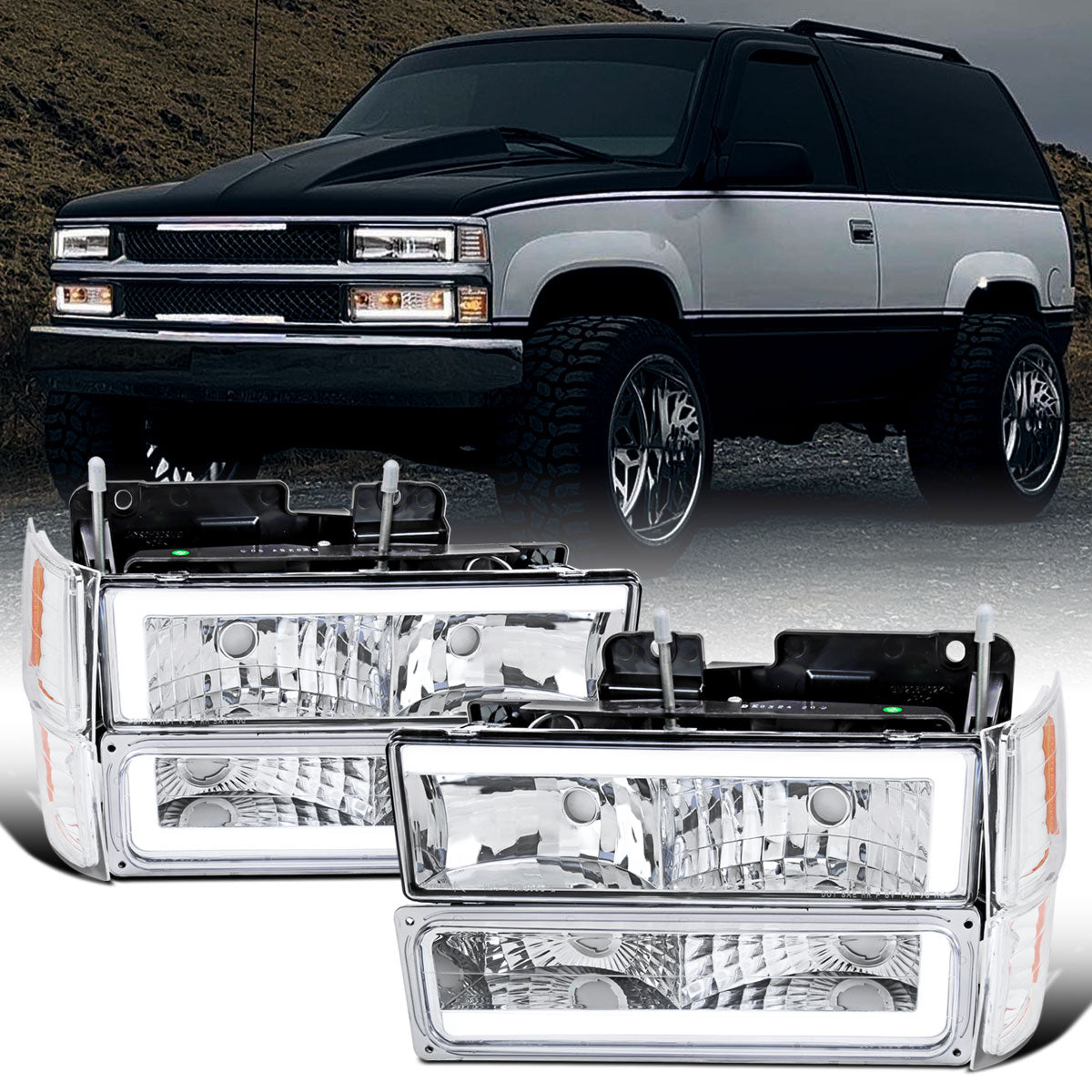 Ronnin - Fits 1994-1998 Chevy C10 C/K Silverado Suburban Tahoe LED Tube Headlights + Corner Bumper Parking Lights Assembly Pair | Chrome