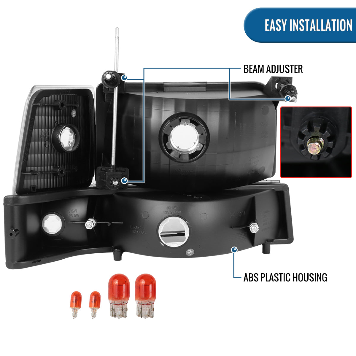 Ronnin - Fits 1992-1996 Ford F150 F250 F350 Bronco Factory Replacement Headlights + Bumper Lights + Corner Lights Assembly Pair | Chrome