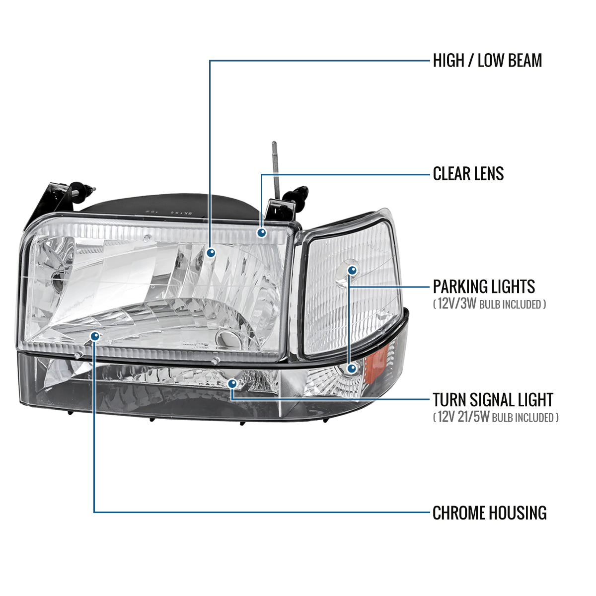 Ronnin - Fits 1992-1996 Ford F150 F250 F350 Bronco Factory Replacement Headlights + Bumper Lights + Corner Lights Assembly Pair | Chrome
