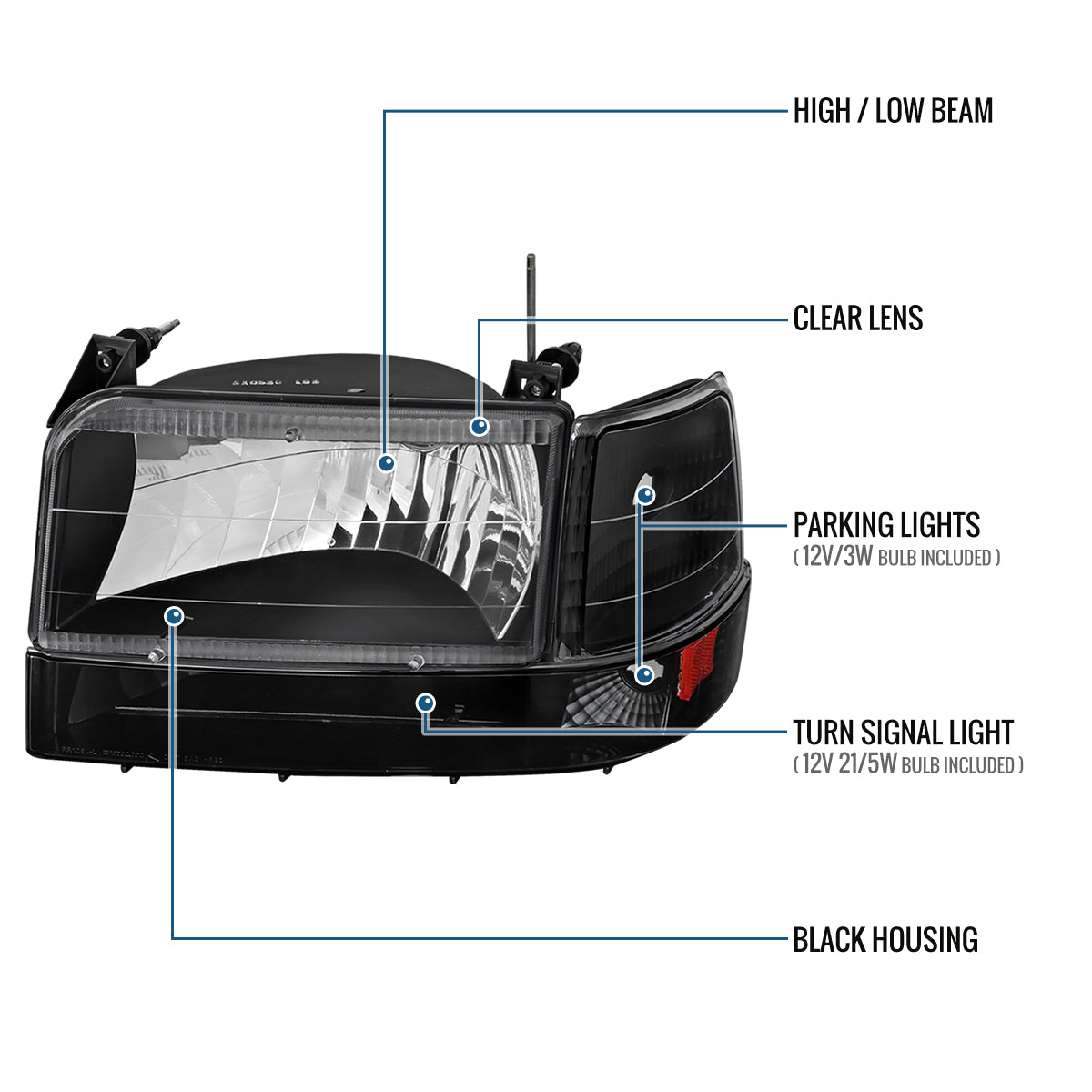 Ronnin - Fits 1992-1996 Ford F150 F250 F350 Bronco Factory Replacement Headlights + Bumper Lights + Corner Lights Assembly Pair | Black
