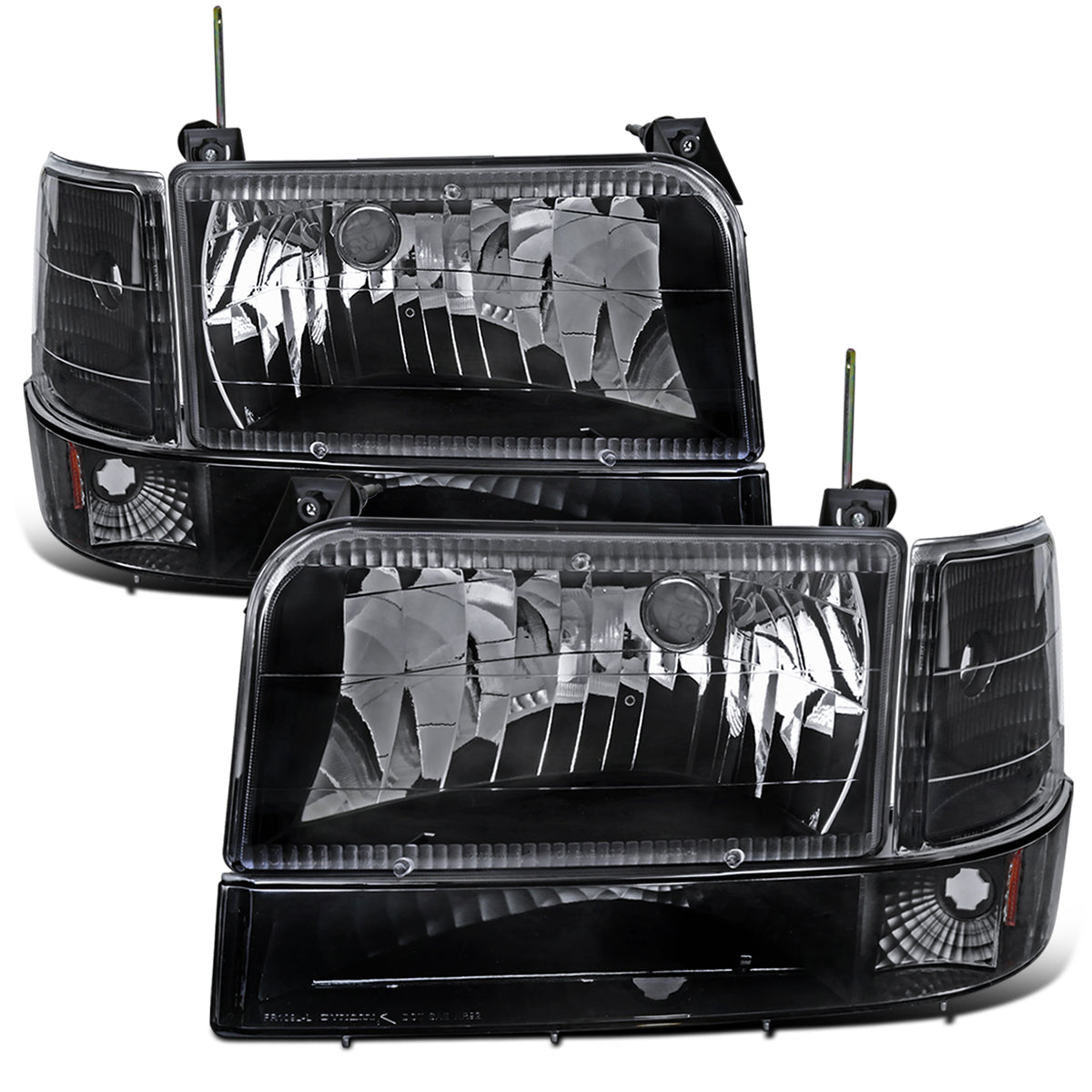 Ronnin - Fits 1992-1996 Ford F150 F250 F350 Bronco Factory Replacement Headlights + Bumper Lights + Corner Lights Assembly Pair | Black