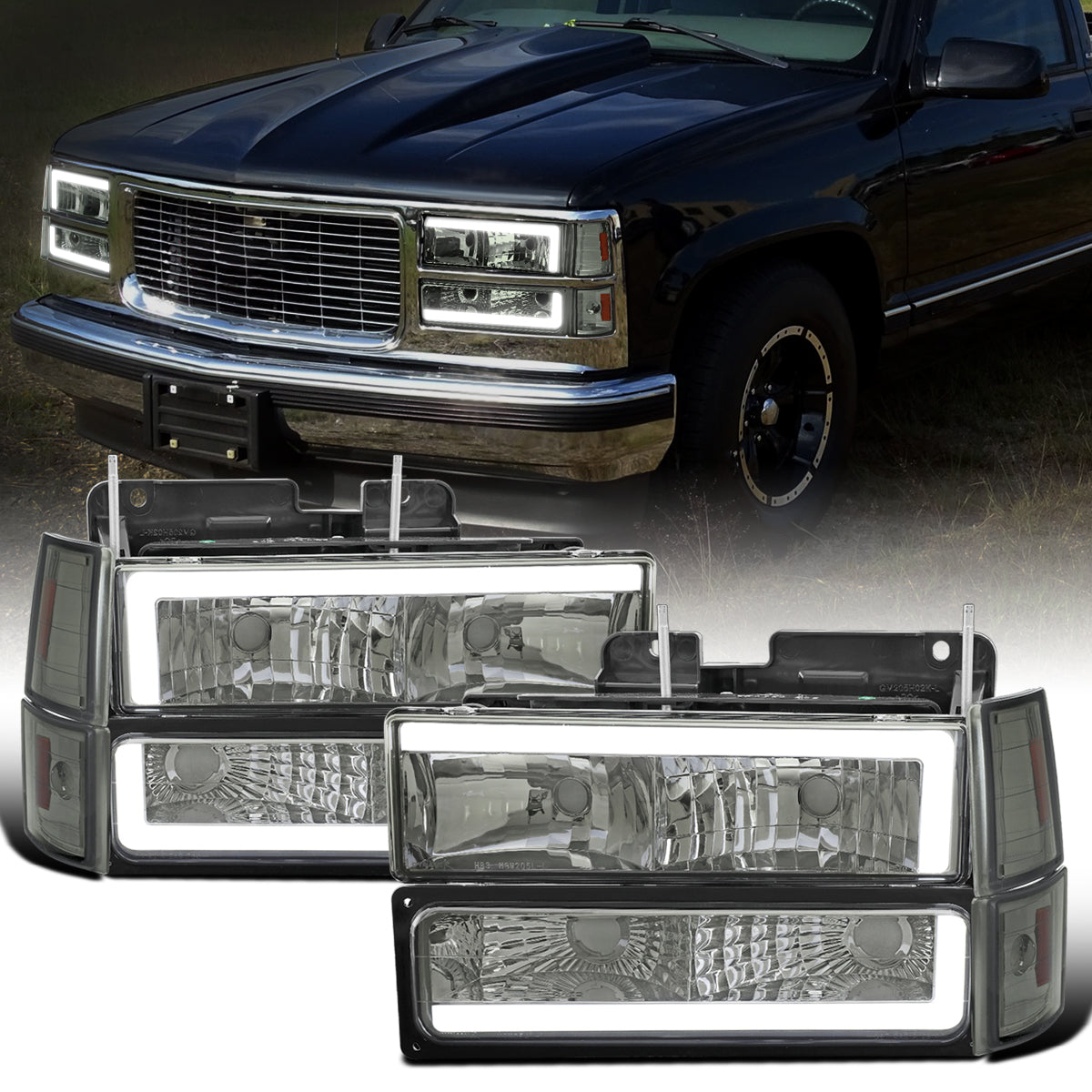 Ronnin - Fits 1994-1999 GMC C10 C/K Suburban Sierra Yukon LED Tube Headlights + Corner Bumper Parking Lights Assembly Pair | Smoke
