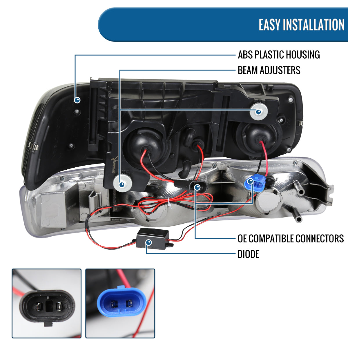 Ronnin - Fits 1999-2002 Chevy Silverado 2000-2006 Suburban Tahoe LED Dual Halo Rims Projector Headlights + Bumper Lamps Pair | Chrome