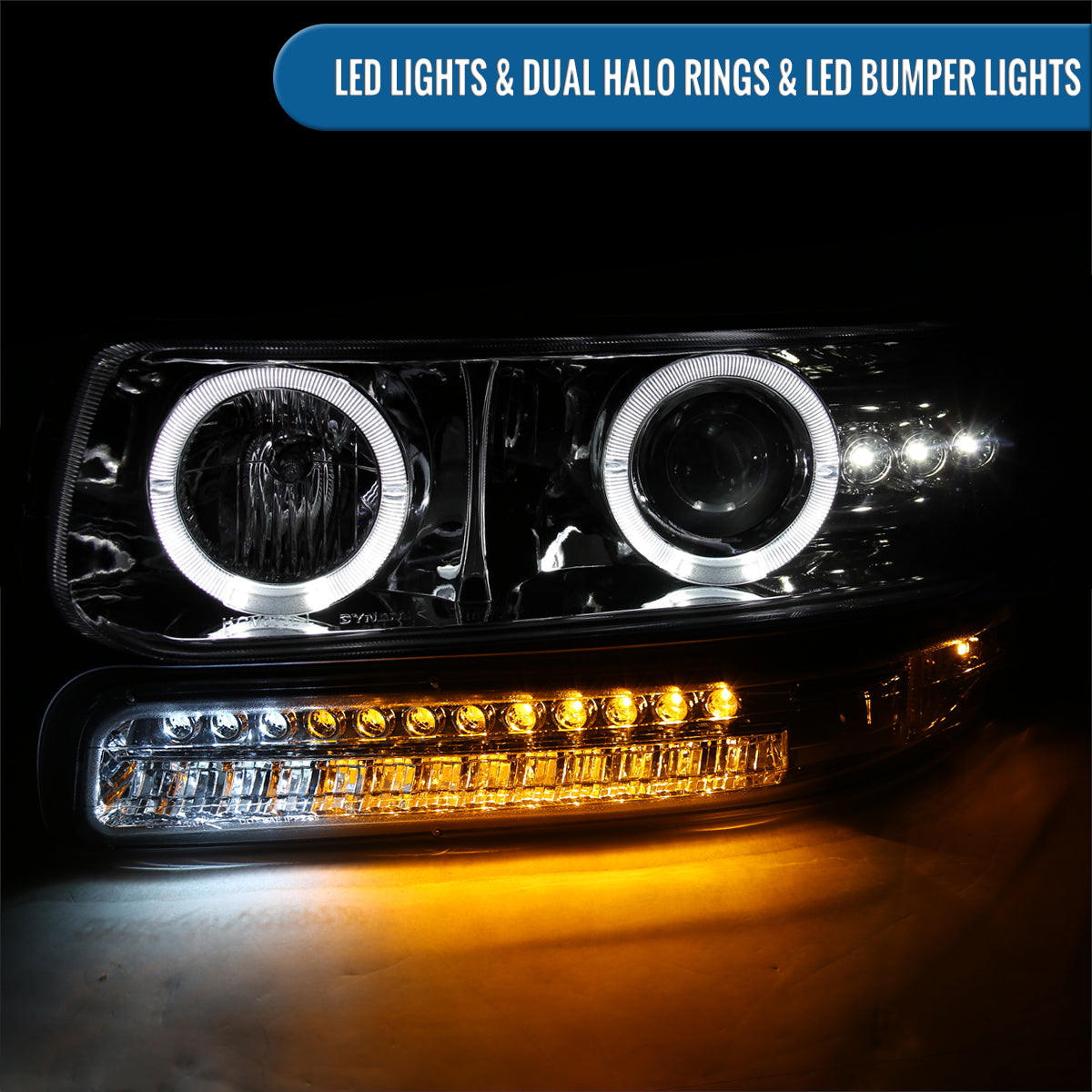 Ronnin - Fits 1999-2002 Silverado 2000-2006 Suburban Tahoe LED Dual Halo Rims Running Lights Projector Headlights + Full LED Bumper Lamps Assembly Pair | Chrome