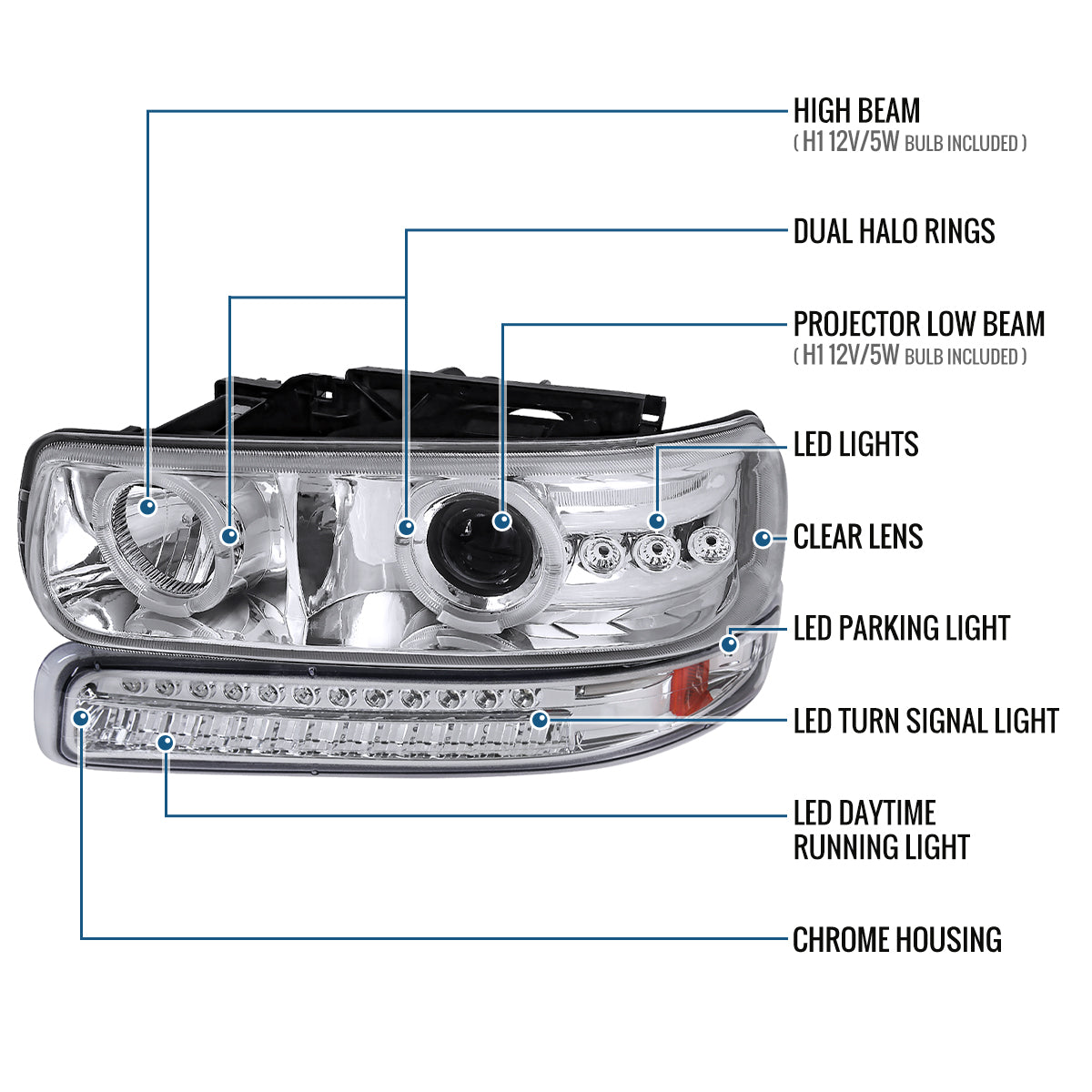 Ronnin - Fits 1999-2002 Silverado 2000-2006 Suburban Tahoe LED Dual Halo Rims Running Lights Projector Headlights + Full LED Bumper Lamps Assembly Pair | Chrome