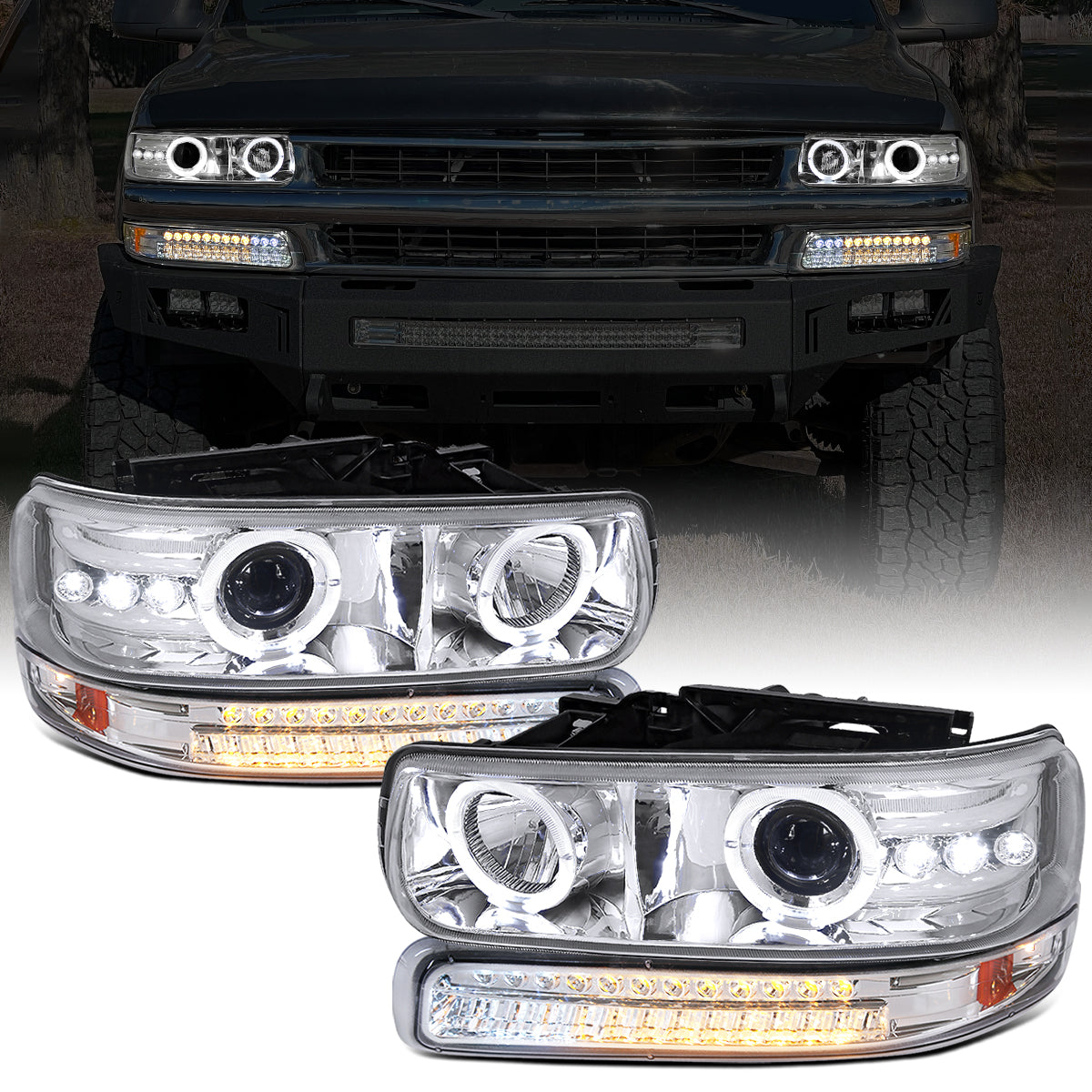Ronnin - Fits 1999-2002 Silverado 2000-2006 Suburban Tahoe LED Dual Halo Rims Running Lights Projector Headlights + Full LED Bumper Lamps Assembly Pair | Chrome