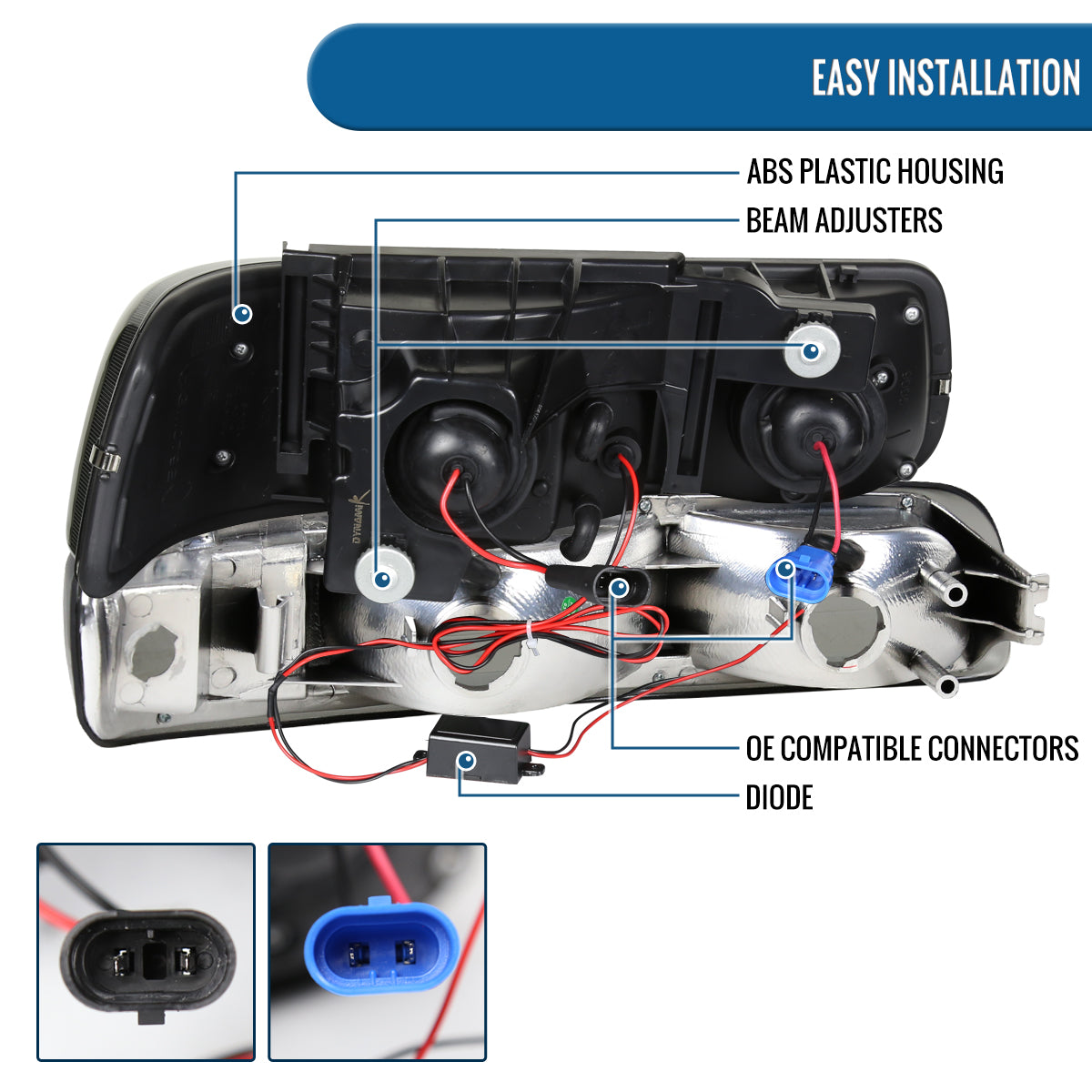 Ronnin - Fits 1999-2002 Chevy Silverado 2000-2006 Suburban Tahoe LED Dual Halo Rims Projector Headlights + Bumper Lamps Pair | Smoke
