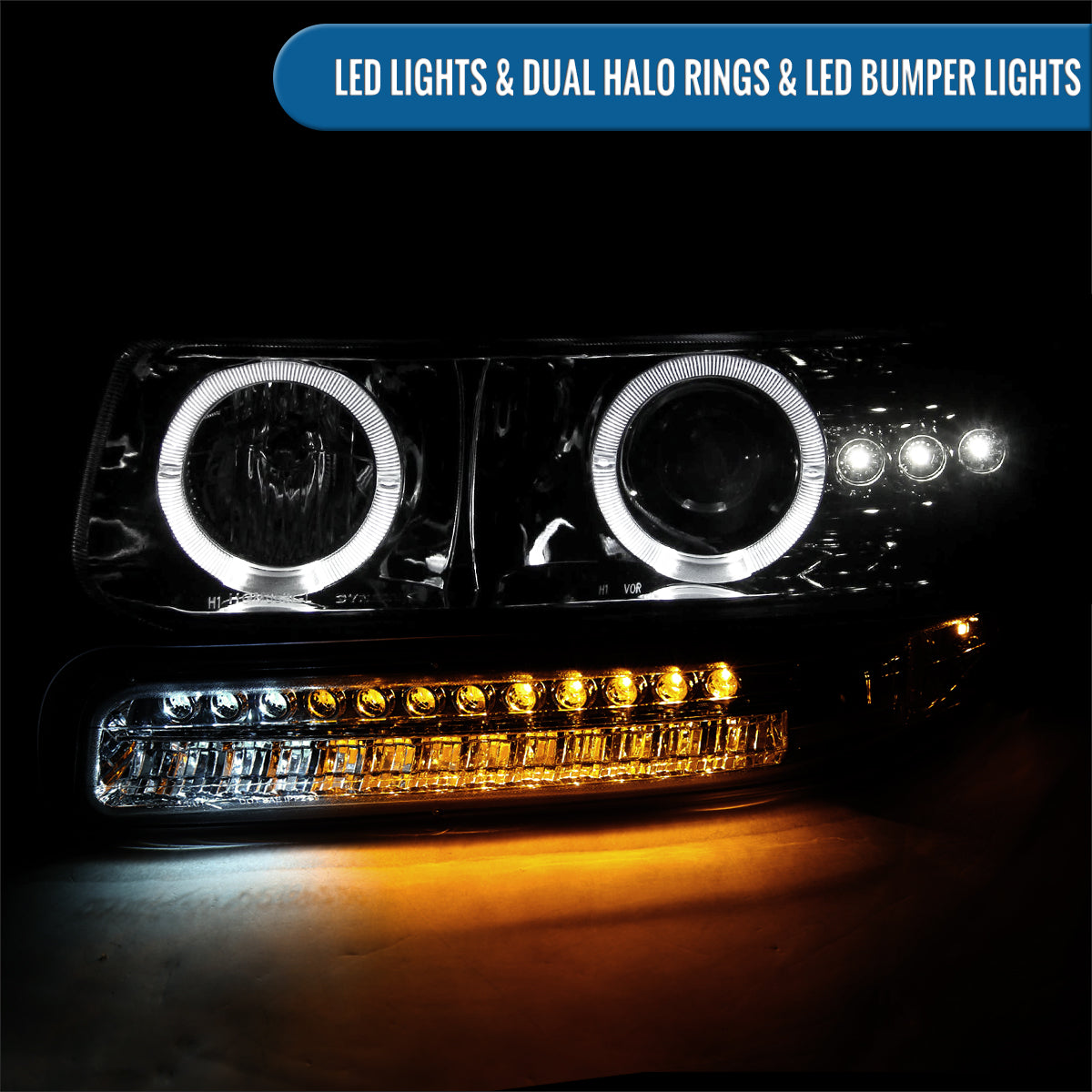 Ronnin - Fits 1999-2002 Silverado 2000-2006 Suburban Tahoe LED Dual Halo Rims Running Lights Projector Headlights + Full LED Bumper Lamps Assembly Pair | Smoke