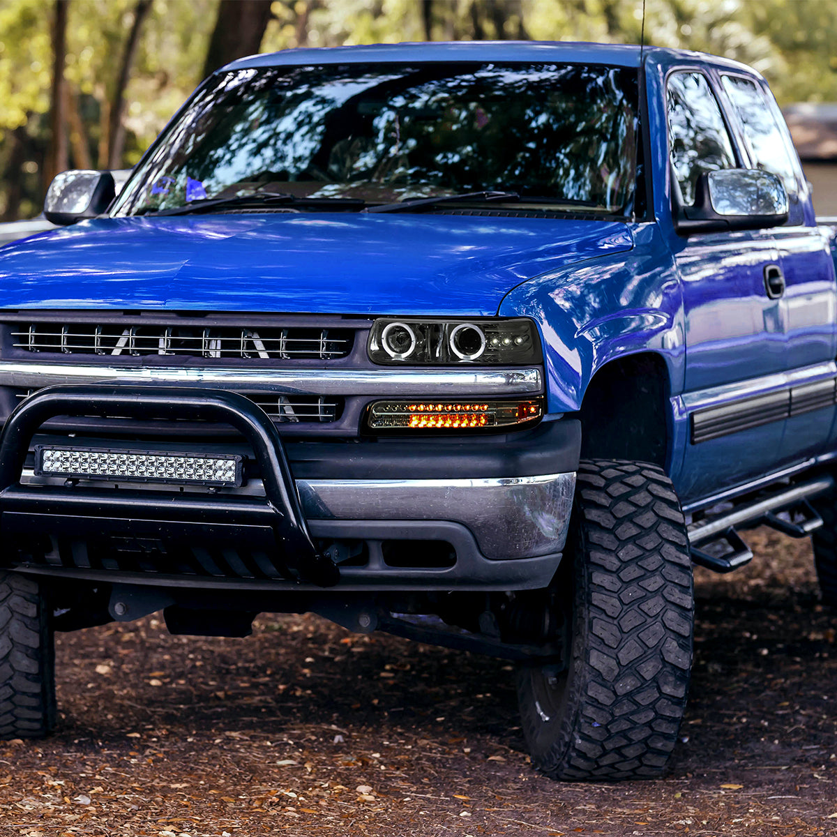 Ronnin - Fits 1999-2002 Silverado 2000-2006 Suburban Tahoe LED Dual Halo Rims Running Lights Projector Headlights + Full LED Bumper Lamps Assembly Pair | Smoke