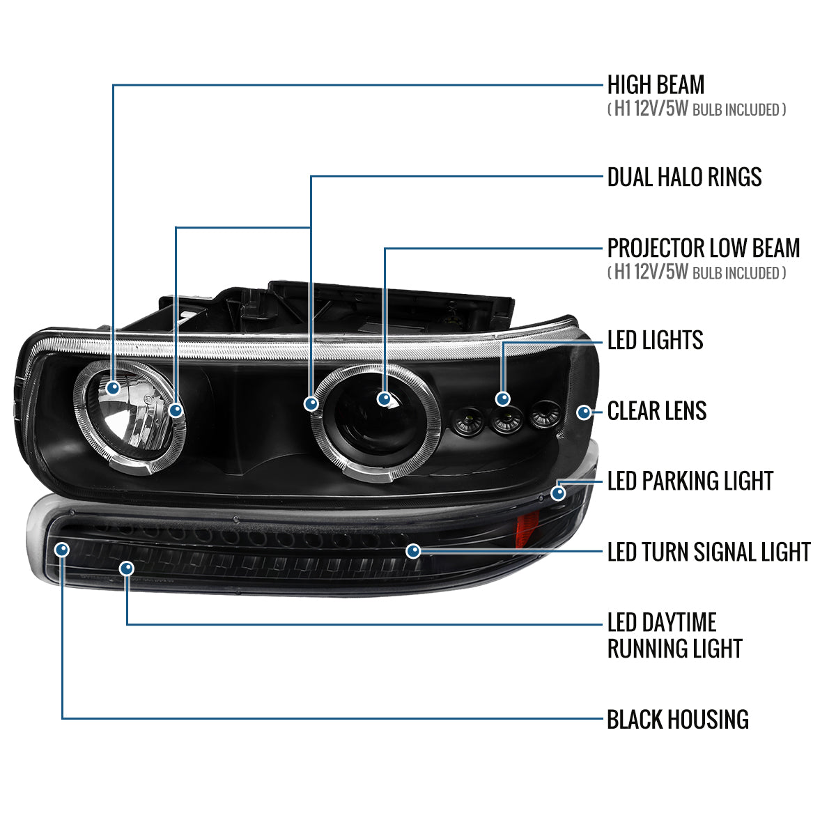 Ronnin - Fits 1999-2002 Silverado 2000-2006 Suburban Tahoe LED Dual Halo Rims Running Lights Projector Headlights + Full LED Bumper Lamps Assembly Pair | Black