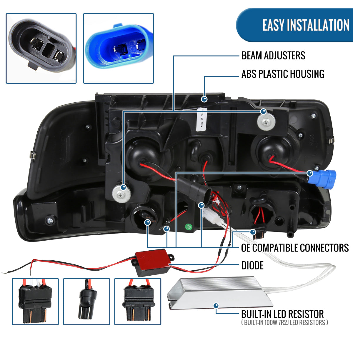 Ronnin - Fits 1999-2002 Silverado 2000-2006 Suburban Tahoe LED Dual Halo Rims Running Lights Projector Headlights + Full LED Bumper Lamps Assembly Pair | Black