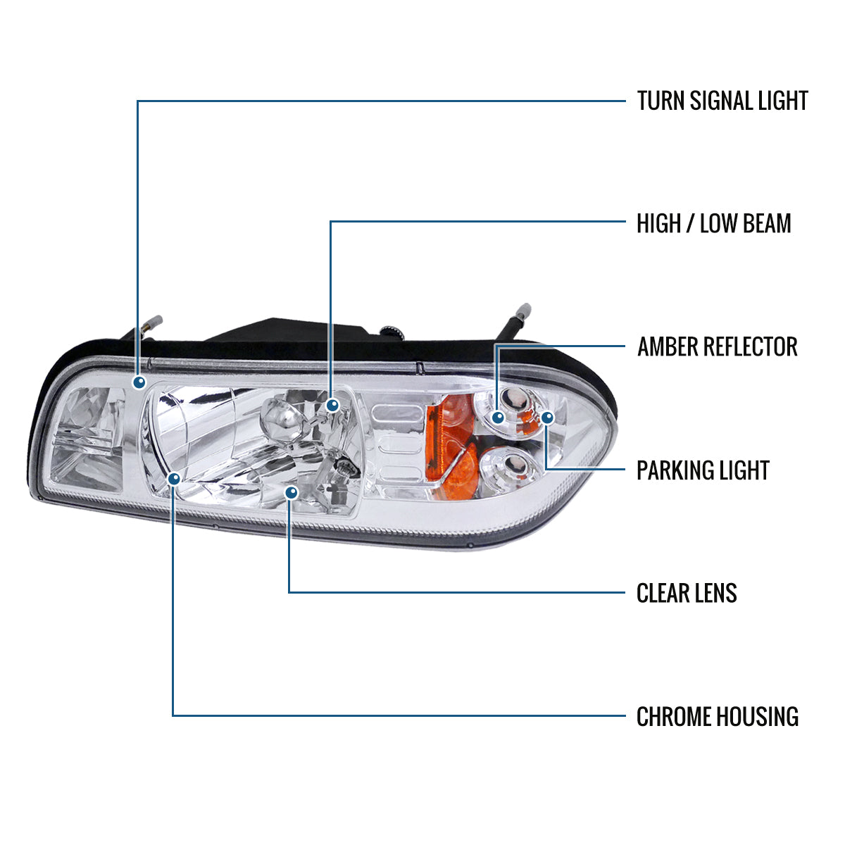 Ronnin - Fits 1987-1993 Ford Mustang Factory Replacement All-in-One Headlights Assembly Pair | Chrome