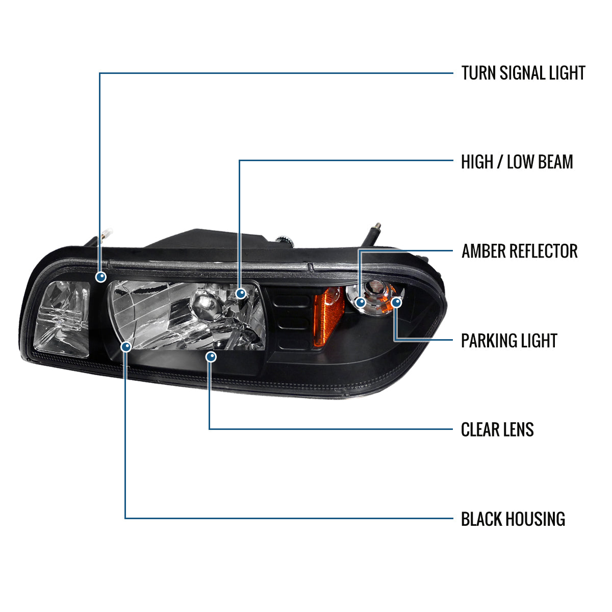 Ronnin - Fits 1987-1993 Ford Mustang Factory Replacement All-in-One Headlights Assembly Pair | Black