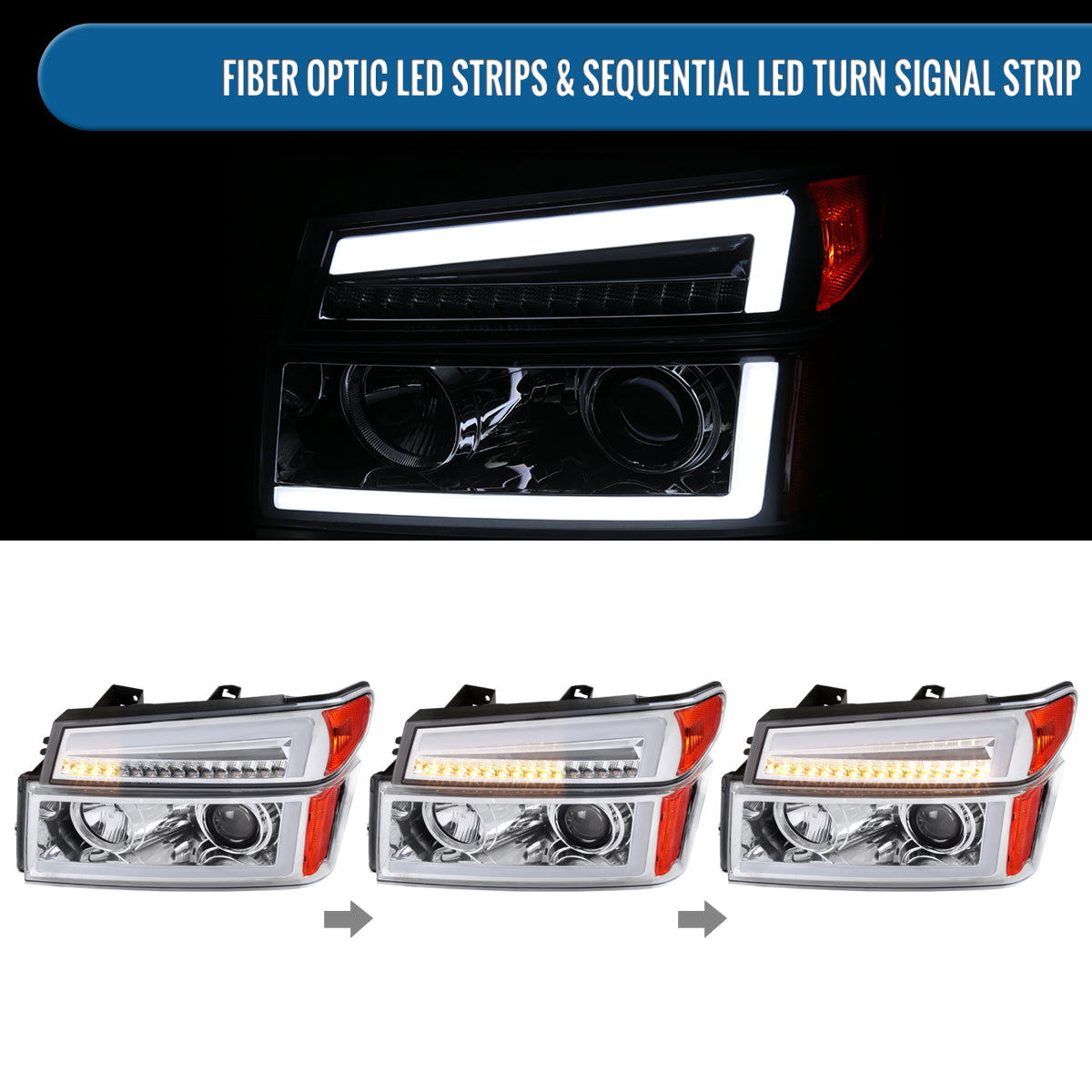 Ronnin - Fits 2004-2012 Colorado Canyon ISUZU I-Series Upgraded LED Sequential Turn Signal Bright Running Lights Halogen Projector Headlights Assembly Pair | Chrome