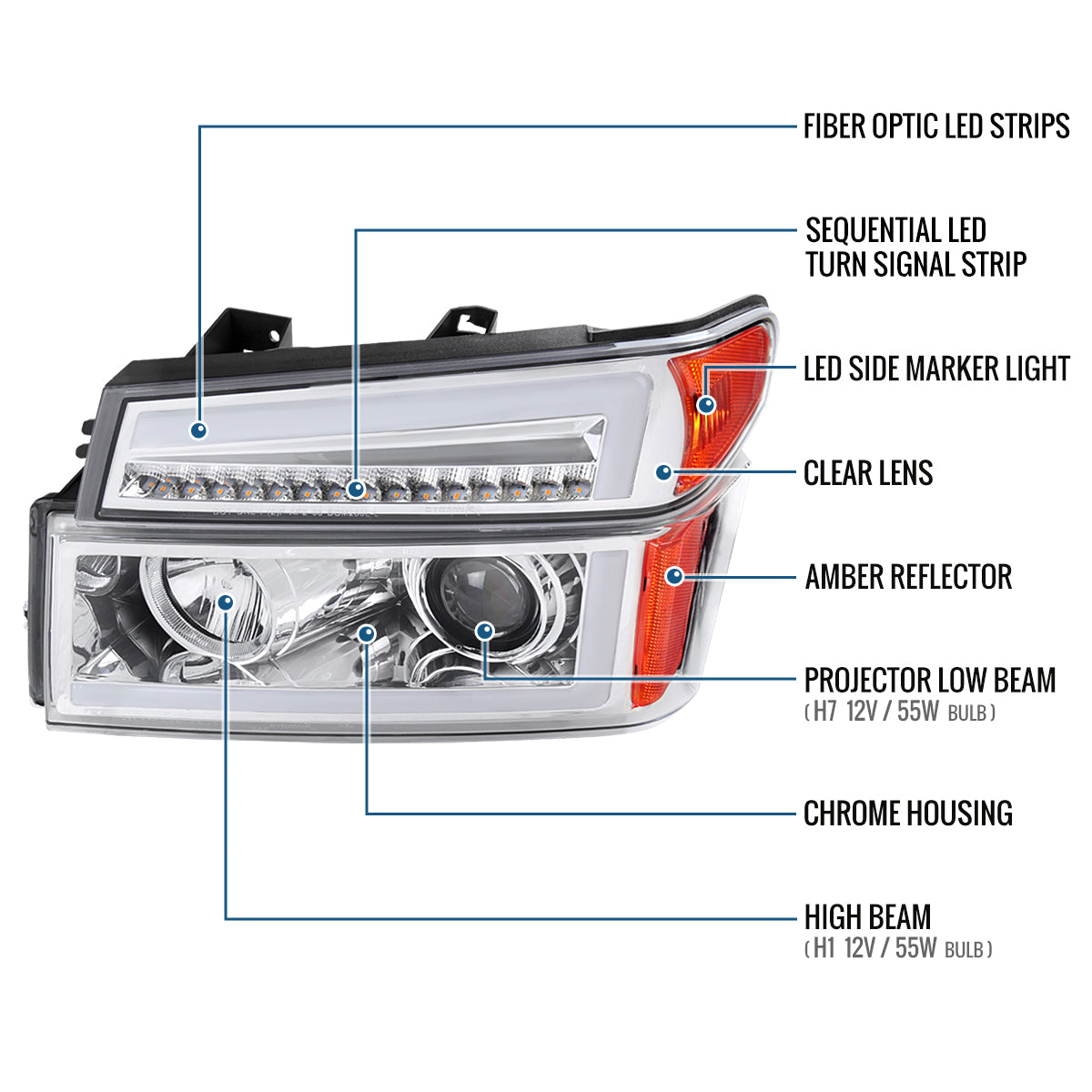 Ronnin - Fits 2004-2012 Colorado Canyon ISUZU I-Series Upgraded LED Sequential Turn Signal Bright Running Lights Halogen Projector Headlights Assembly Pair | Chrome