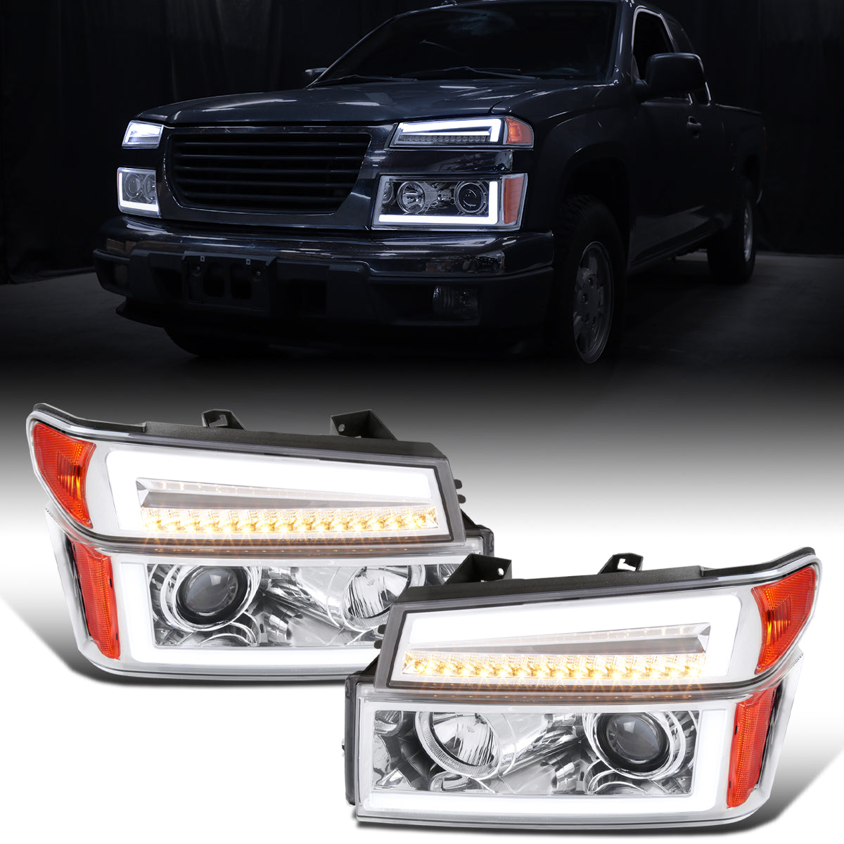 Ronnin - Fits 2004-2012 Colorado Canyon ISUZU I-Series Upgraded LED Sequential Turn Signal Bright Running Lights Halogen Projector Headlights Assembly Pair | Chrome