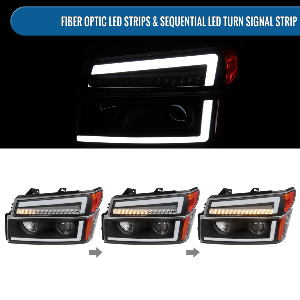 Ronnin - Fits 2004-2012 Colorado Canyon ISUZU I-Series Upgraded LED Sequential Turn Signal Bright Running Lights Halogen Projector Headlights Assembly Pair | Black