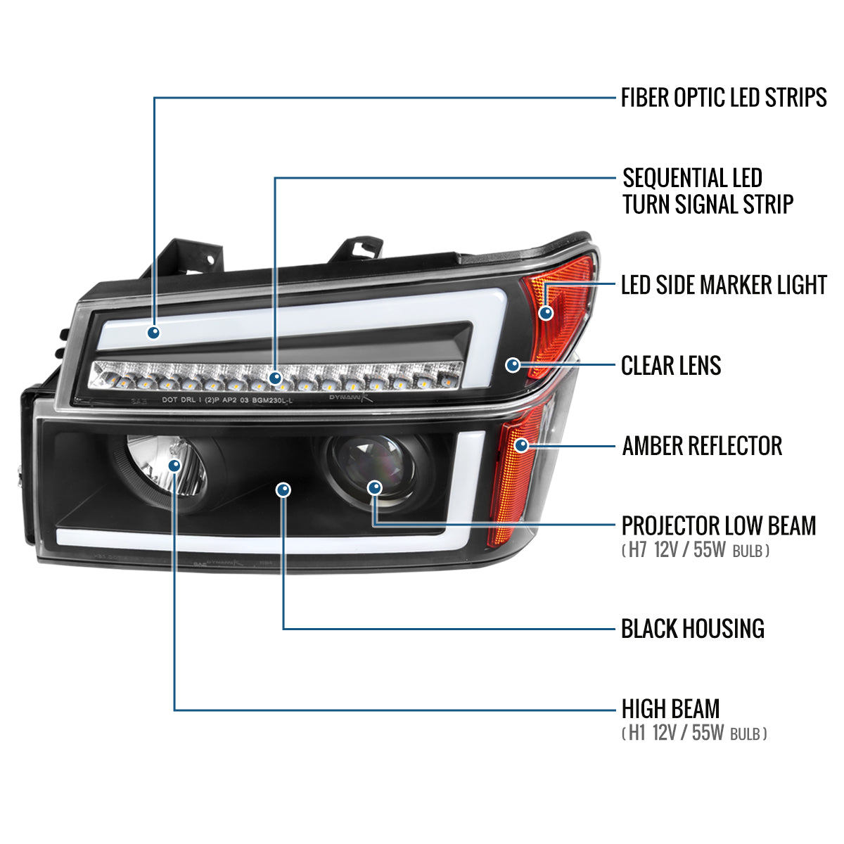 Ronnin - Fits 2004-2012 Colorado Canyon ISUZU I-Series Upgraded LED Sequential Turn Signal Bright Running Lights Halogen Projector Headlights Assembly Pair | Black