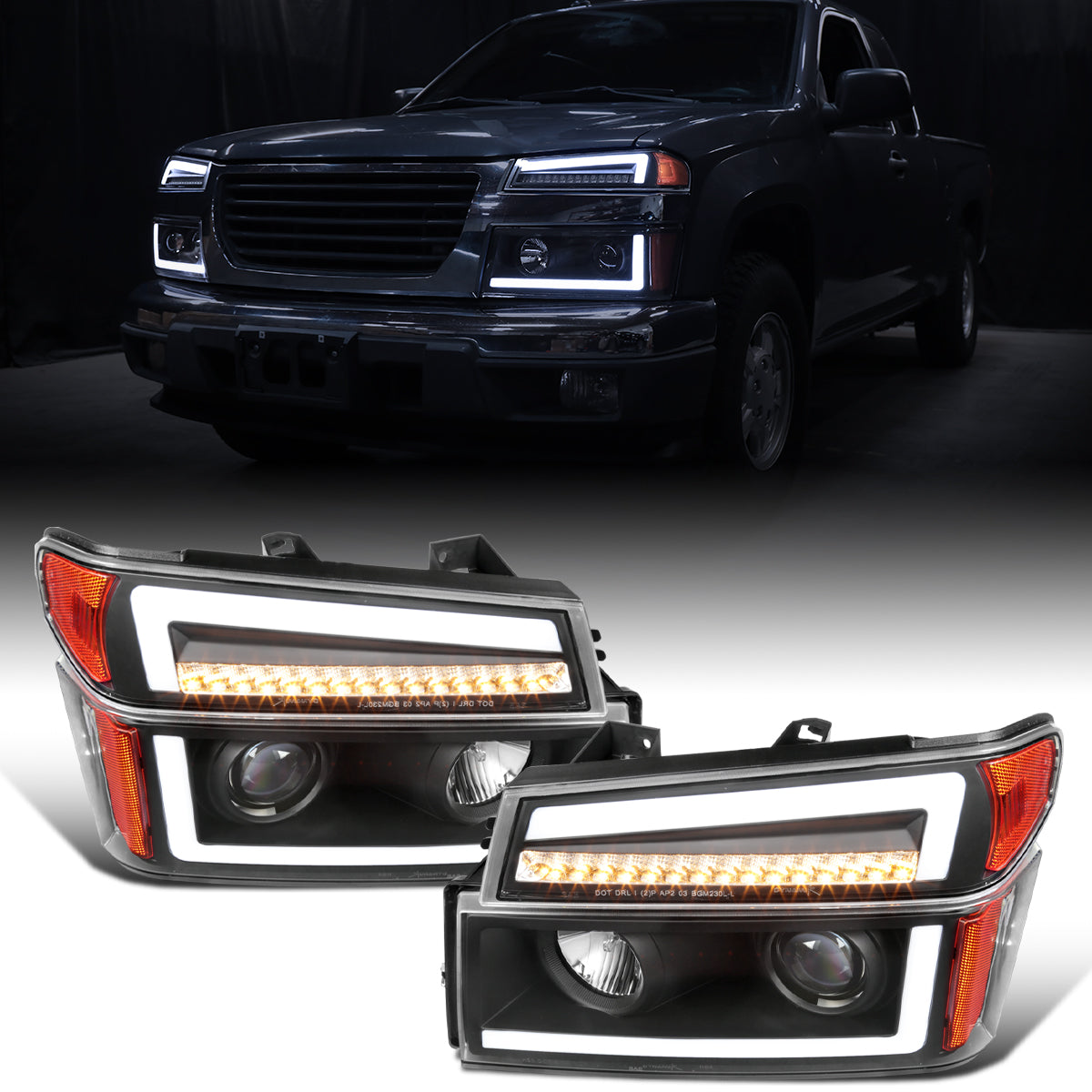 Ronnin - Fits 2004-2012 Colorado Canyon ISUZU I-Series Upgraded LED Sequential Turn Signal Bright Running Lights Halogen Projector Headlights Assembly Pair | Black