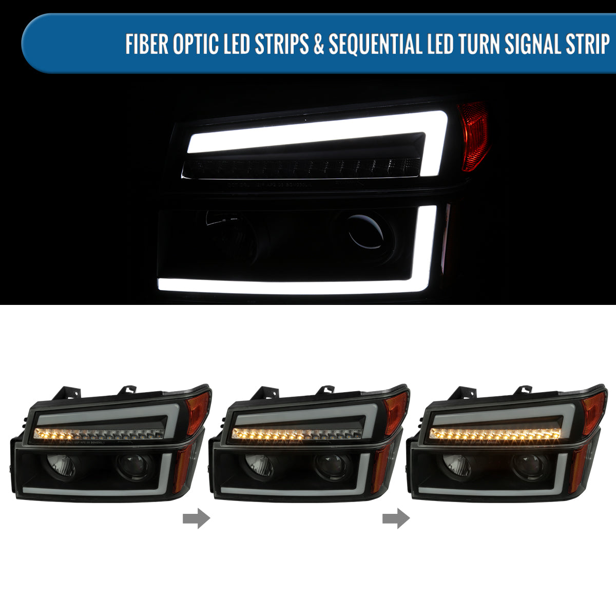 Ronnin - Fits 2004-2012 Colorado Canyon ISUZU I-Series Upgraded LED Sequential Turn Signal Bright Running Lights Halogen Projector Headlights Assembly Pair | Black Smoke