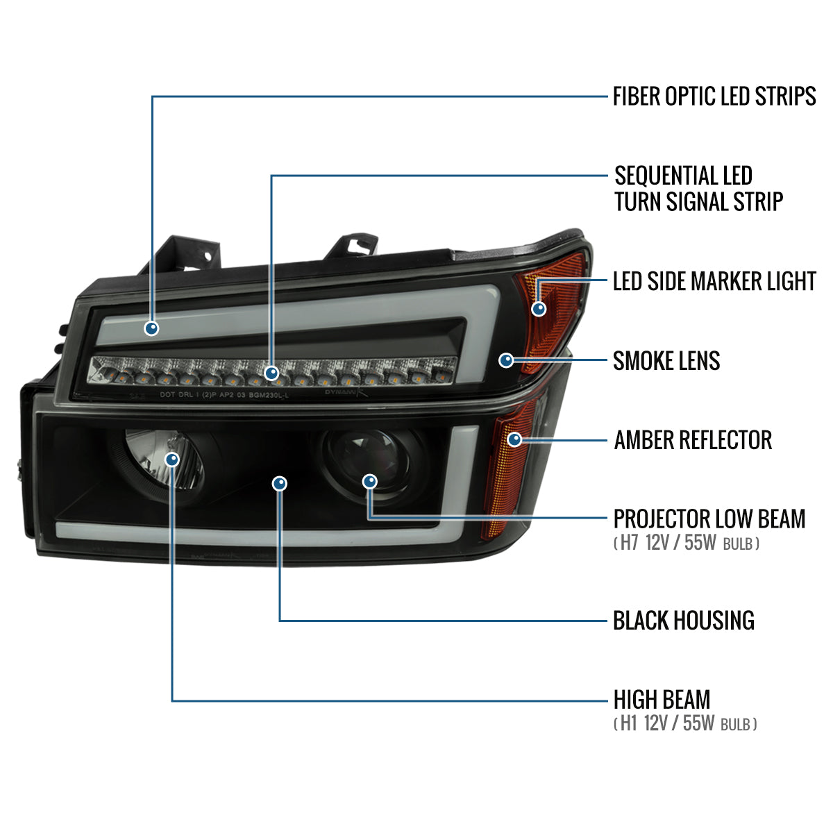 Ronnin - Fits 2004-2012 Colorado Canyon ISUZU I-Series Upgraded LED Sequential Turn Signal Bright Running Lights Halogen Projector Headlights Assembly Pair | Black Smoke