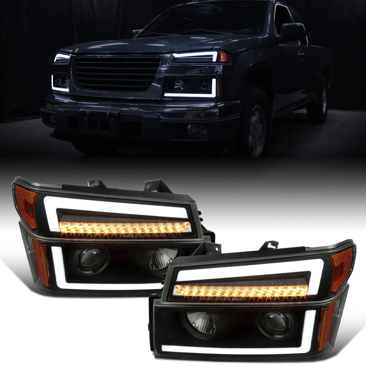 Ronnin - Fits 2004-2012 Colorado Canyon ISUZU I-Series Upgraded LED Sequential Turn Signal Bright Running Lights Halogen Projector Headlights Assembly Pair | Black Smoke