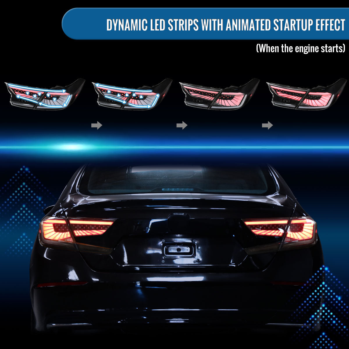 Ronnin - Fits 2018-2022 Honda Accord Sedan 4Dr Aggressive Upgraded Full LED Tail Lights Sequential Turn Signals + Animated Startup Effect Assembly Pair | Black
