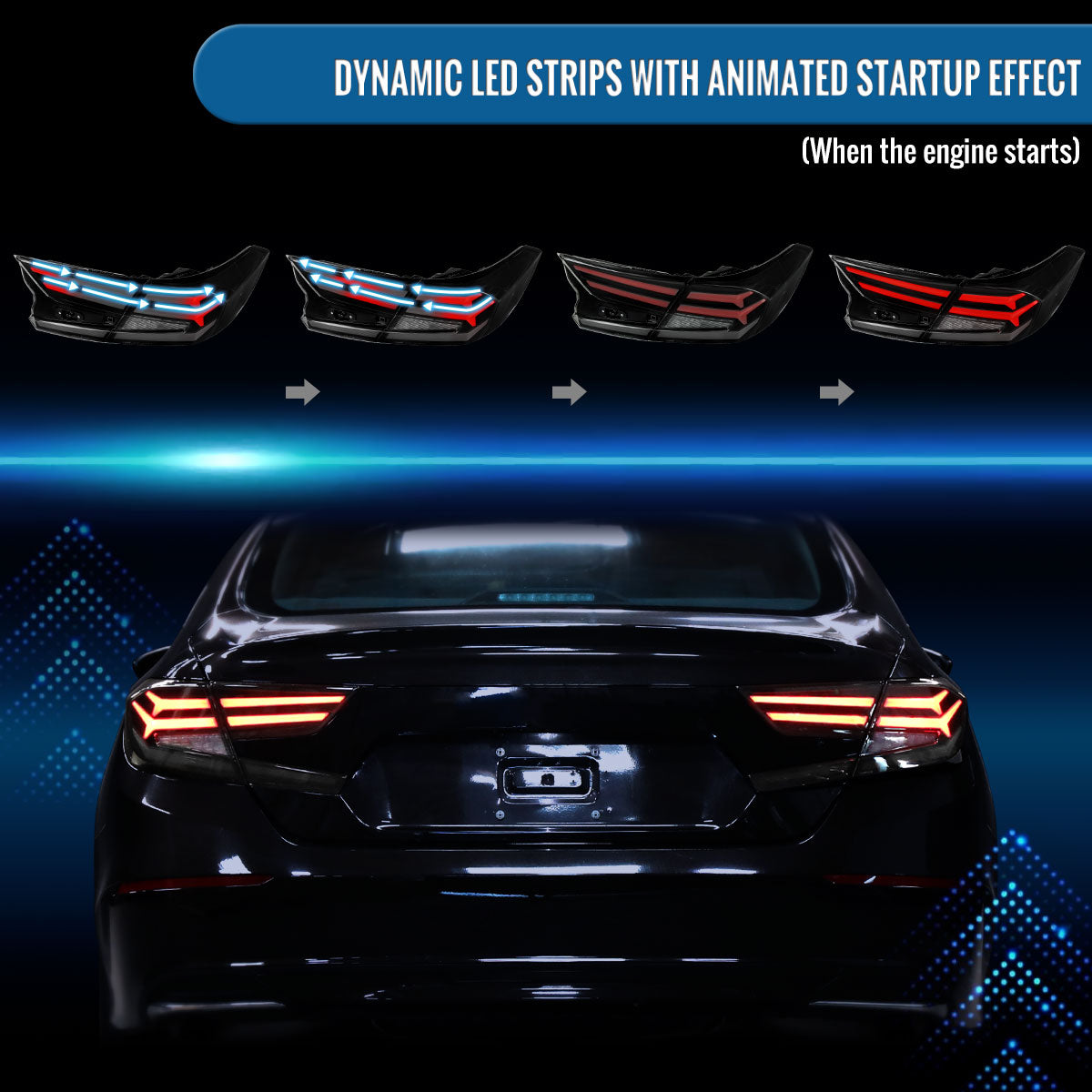 Ronnin - Fits 2018-2022 Honda Accord Sedan 4Dr Upgraded Full LED Tail Lights Sequential Turn Signals + Animated Startup Effect Assembly Pair | Black Smoke | White Tube