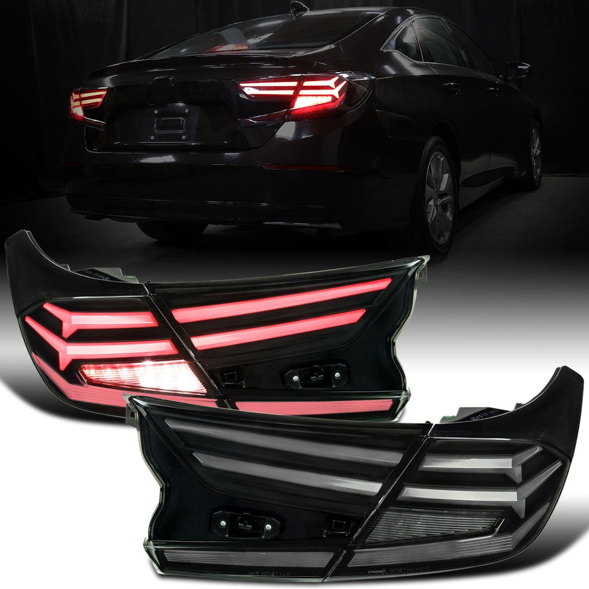 Ronnin - Fits 2018-2022 Honda Accord Sedan 4Dr Upgraded Full LED Tail Lights Sequential Turn Signals + Animated Startup Effect Assembly Pair | Black Smoke | White Tube