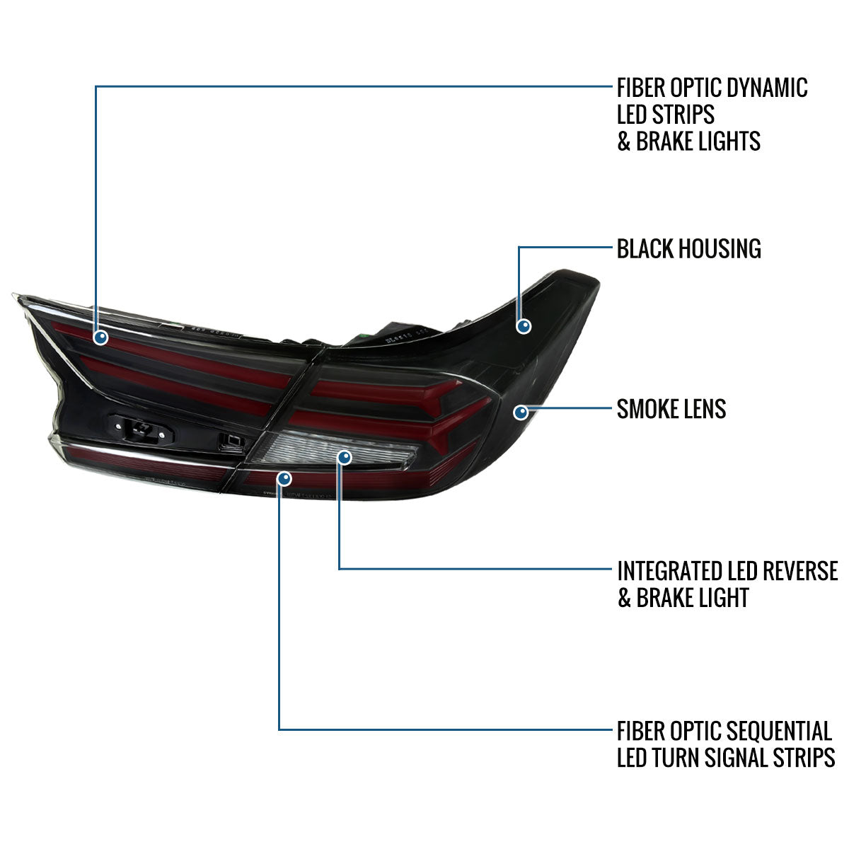 Ronnin - Fits 2018-2022 Honda Accord Sedan 4Dr Upgraded Full LED Tail Lights Sequential Turn Signals + Animated Startup Effect Assembly Pair | Black Smoke