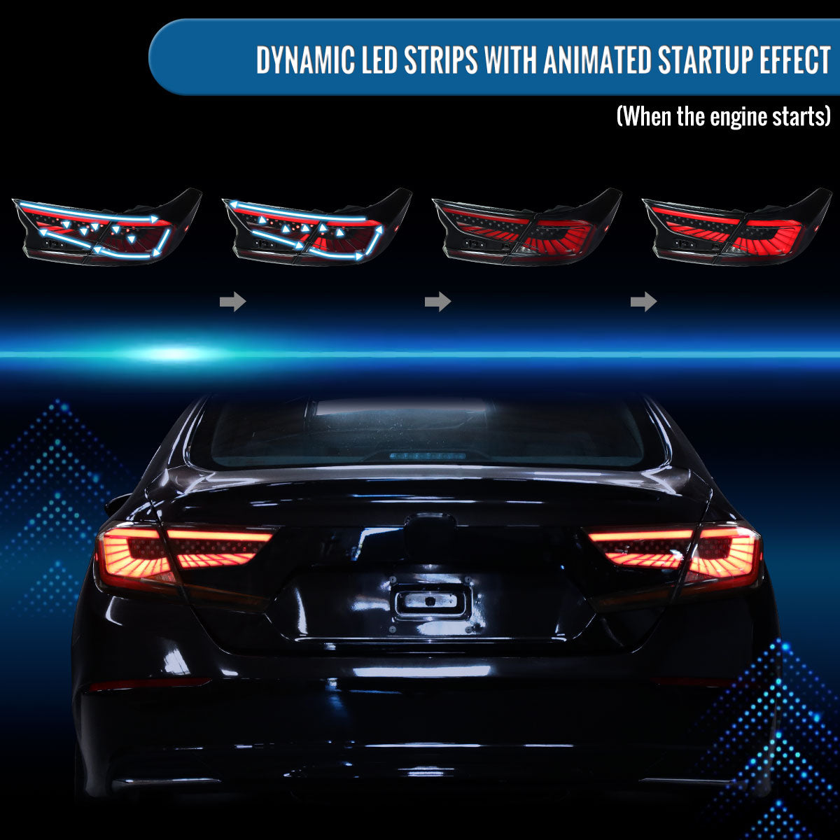 Ronnin - Fits 2018-2022 Honda Accord Sedan 4Dr Aggressive Upgraded Full LED Tail Lights Sequential Turn Signals + Animated Startup Effect Assembly Pair | Black Smoke