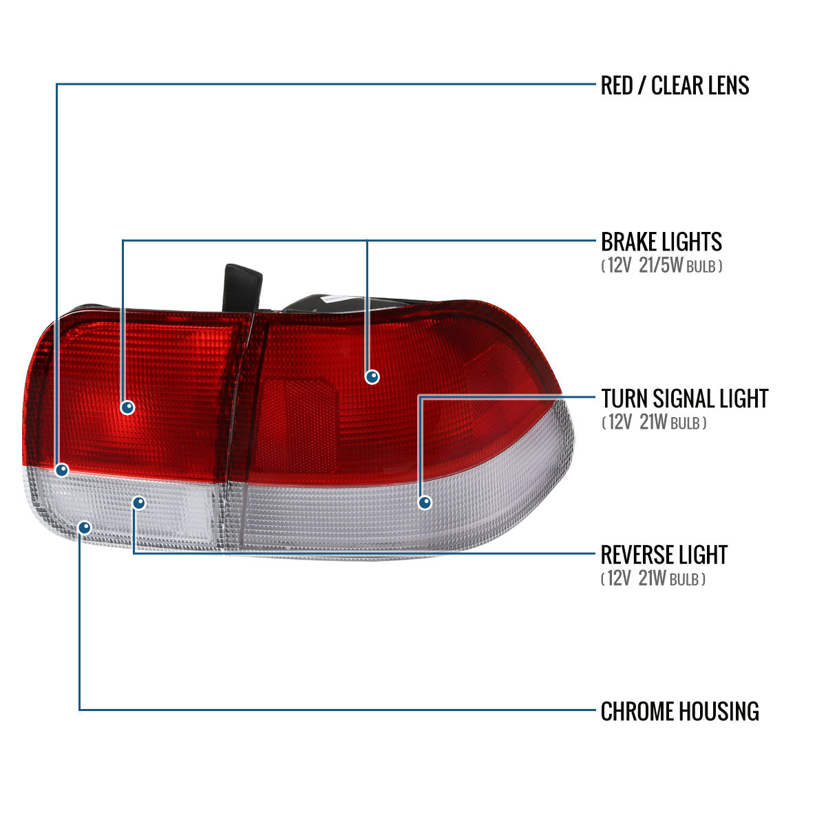 Ronnin - Fits 1996-1998 Honda Civic Sedan 4Dr Factory Replacement Tail Lights Assembly Pair | Red Clear