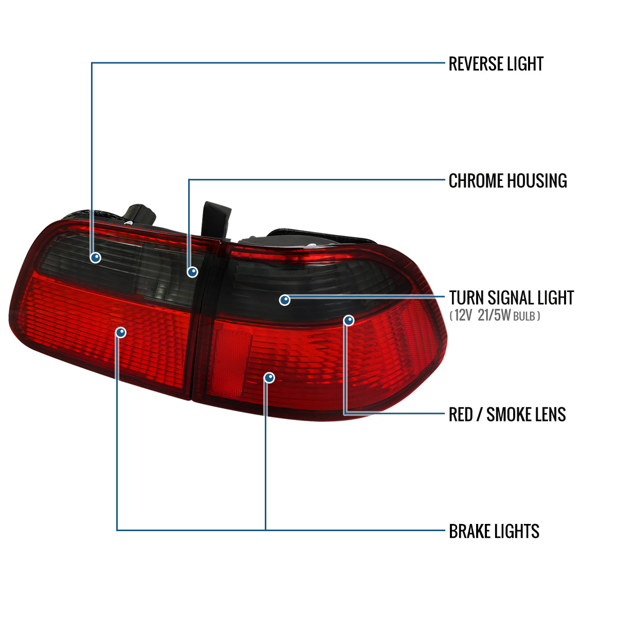 Ronnin - Fits 1999-2000 Honda Civic Sedan 4Dr Factory Replacement Tail Lights Assembly Pair | Red Smoke